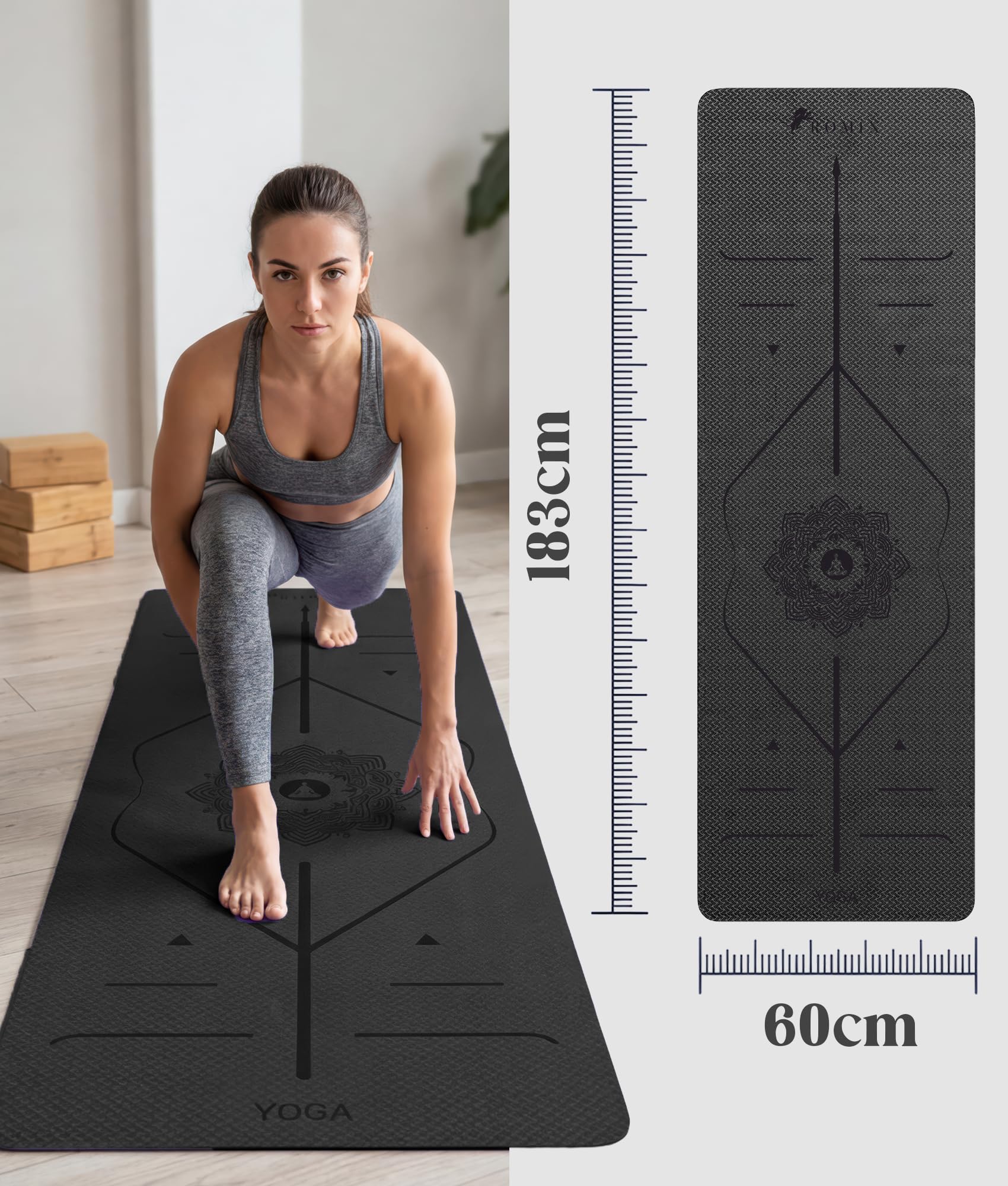 ROMIX Tappetino Yoga Antiscivolo Con Linee di Allineamento, 6mm Tappetino Palestra Professionale con Borsa per il Trasporto e Tracolla, Yoga Mat, Leggero Tappeto Pilates per Fitness, Allenamento
