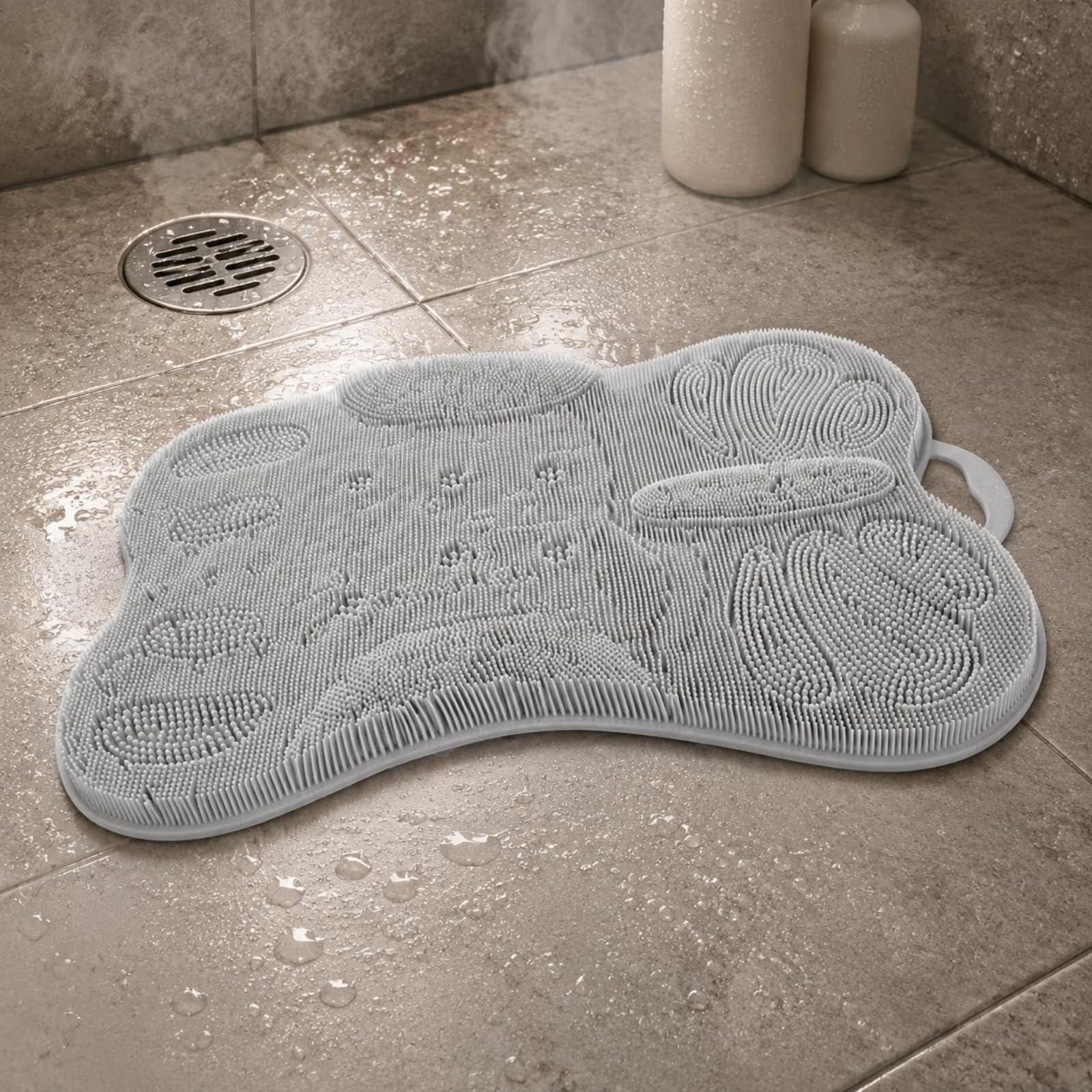 Almohadilla de Ducha de Baño Esterilla de Silicona Alimentaria Tapete Antideslizante con Ventosas Cepillo Exfoliante para Pies y Cuerpo Textura para, Gris