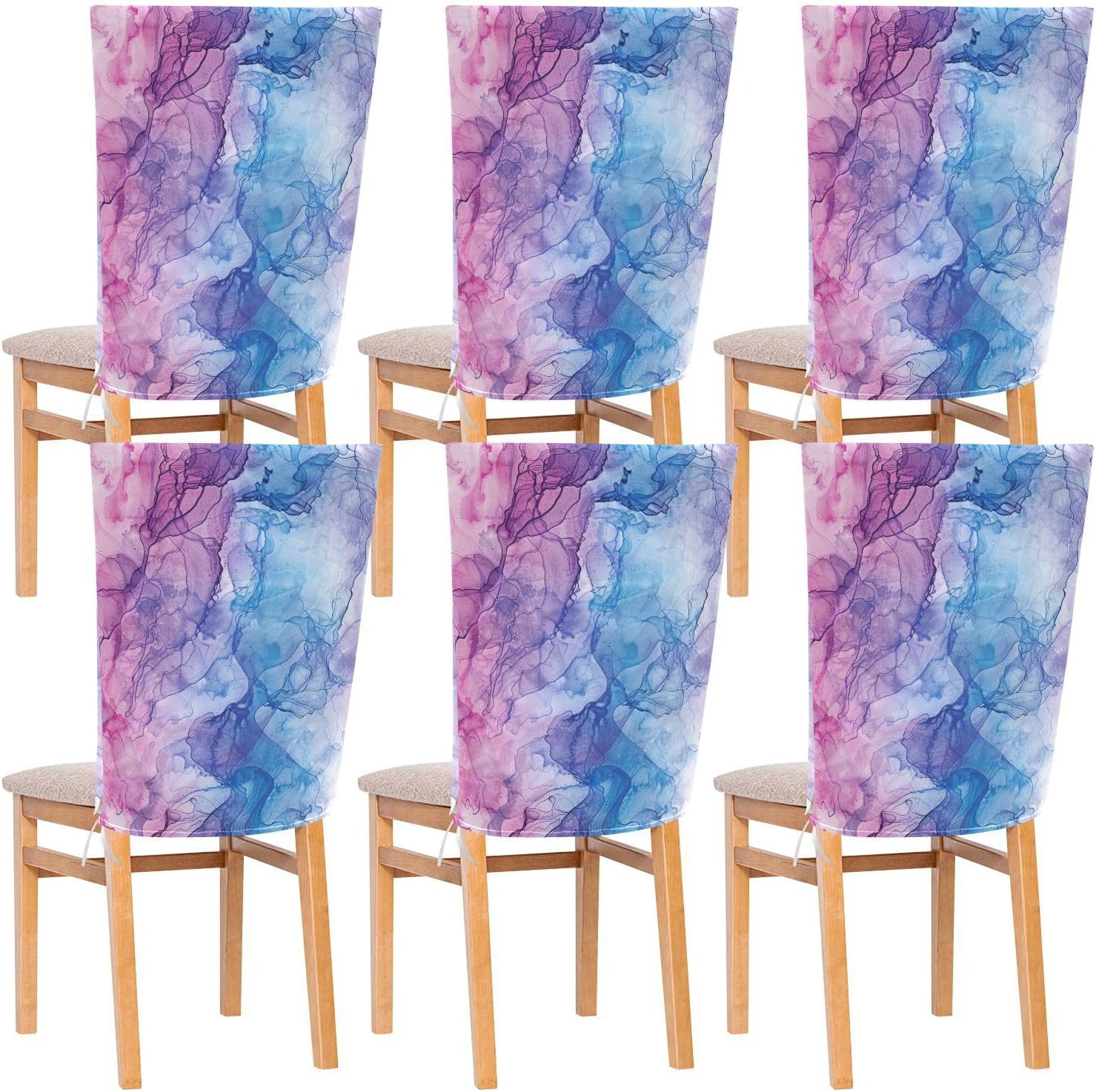 ALAZA Purple Pink Blue Marble Chair Back Cover Set of 6, Washable Reusable Removable Chair Slipcovers Decorative Chair Cover for Home Kitchen Wedding Party