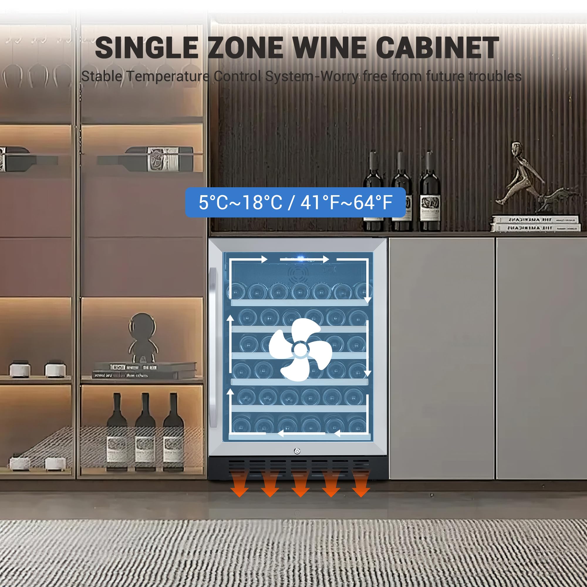 FinerFurnis Under Counter Wine Fridge Cabinet - 24 Inch Beverage Refrigerator with LED Lights & Lockable Doors, Freestanding/Built-In Wine Cooler for Kitchen, Bar, Dining Room - Black on Fridge.com