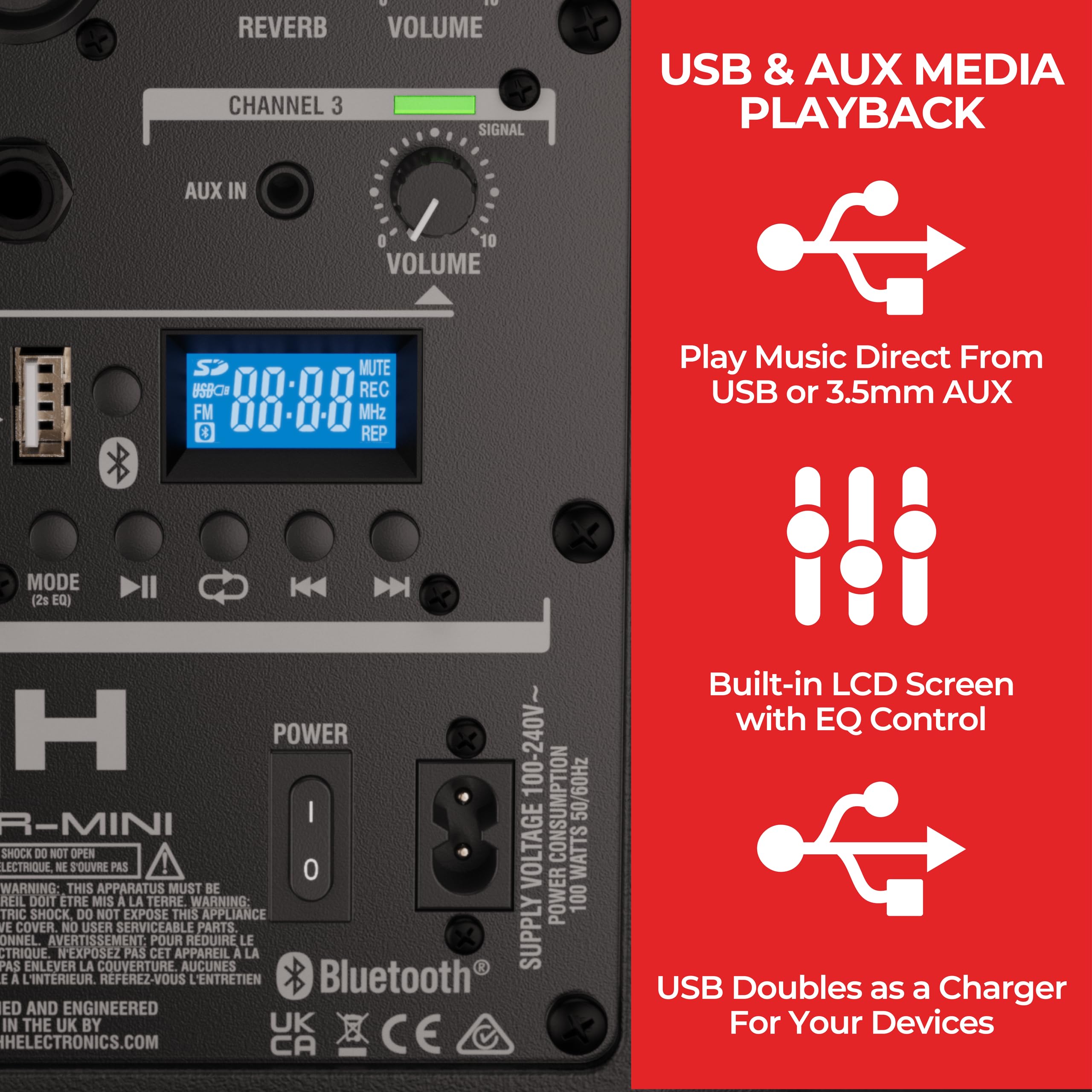 Tragbarer PA-Lautsprecher 400W batteriebetrieben Bluetooth USB 3-Kanal-Mixer Reverb EQ