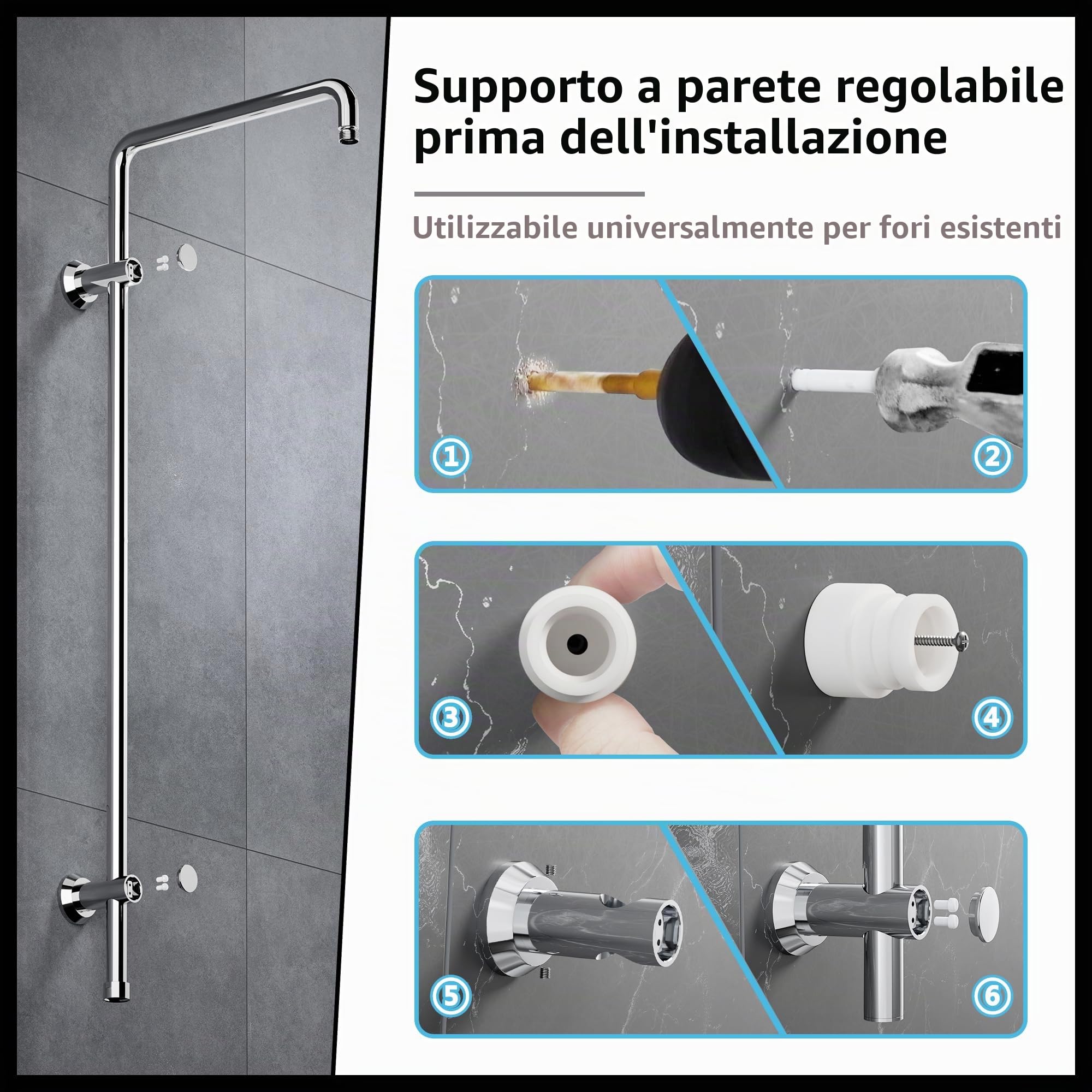 JOHO Colonna Doccia Acciaio Inox, Accessorio per Sistema Doccia, Cromo | Compatibile con Fori Esistenti, Asta Doccia Saliscendi 91 cm per Soffione Doccia a Pioggia