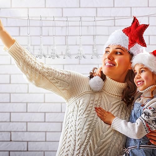 Miniatura 6 de Thyle 24 adornos para árbol de Navidad de la Torre Eiffel, decoraciones plateadas con purpurina de París, adornos colgantes de la torre Eiffel de