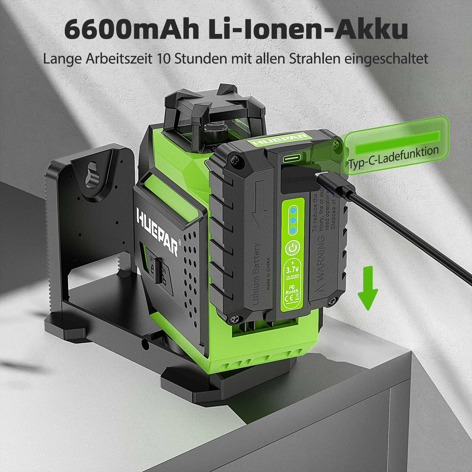 Huepar 3 x 360 Kreuzlinienlaser Selbstnivellierend, Laserwasserwaage grün 3D mit Pulsmodus, 12 laserliner mit wiederaufladbarem, integrierter Magnethalterung und Hartschalenkoffer 703CG