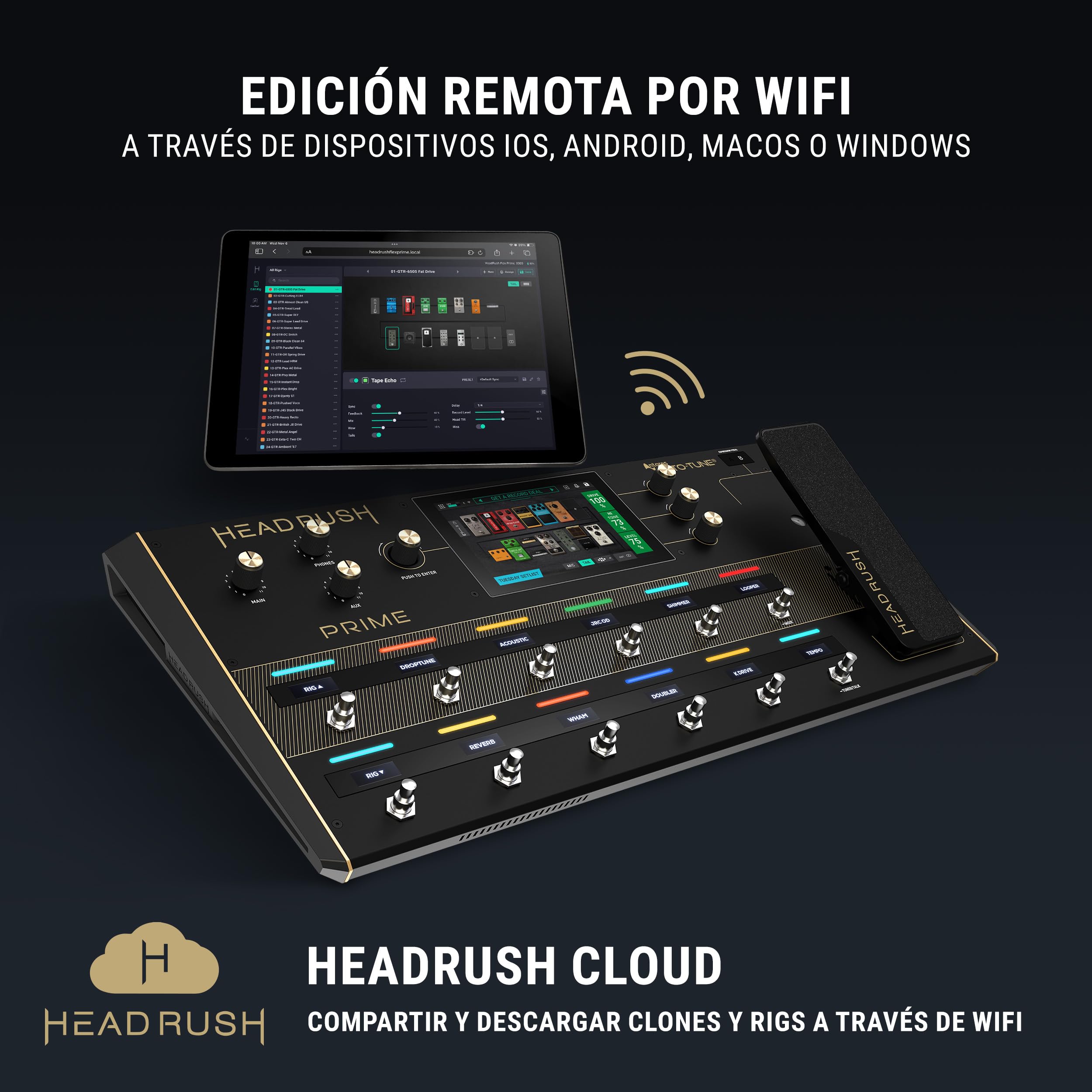 HeadRush Prime Pedal Multiefectos para Guitarra Eléctrica y Voz | Procesador Multiefectos con Clonador de Amplis, Looper, Auto-Tune, Wi-Fi, Bluetooth, Pantalla Táctil, Caja de Ritmos