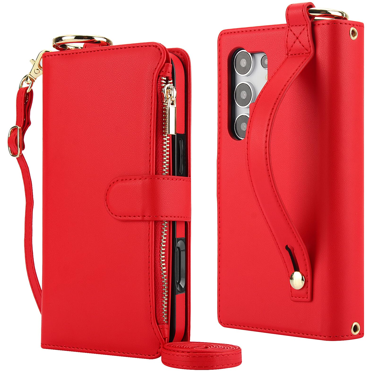 Generic - Funda para Samsung Galaxy S23 Ultra (color rojo) elegante cartera de piel con solapa y correa para el hombro