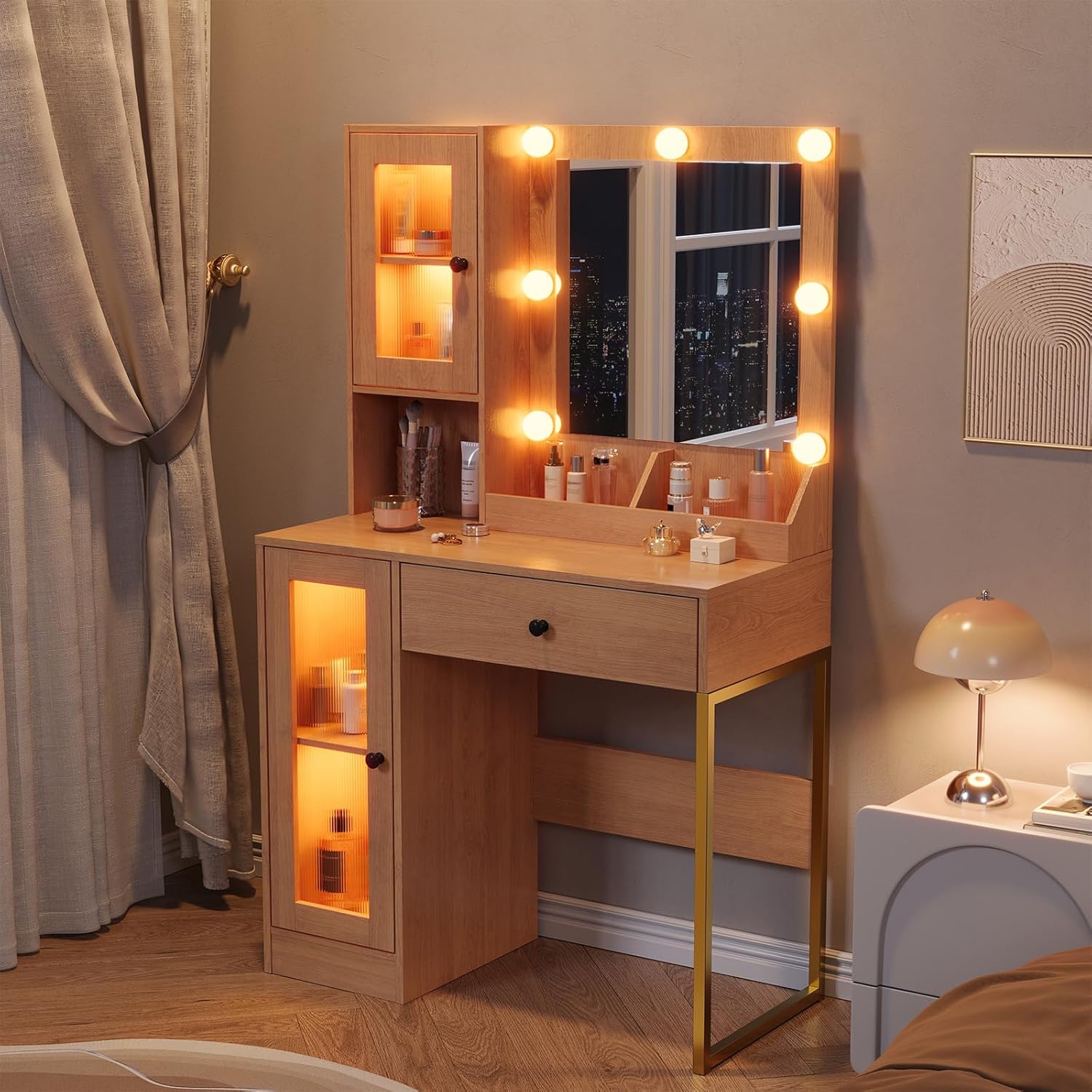 Garvee Vanity Desk with Mirror and Lights Elegant Makeup Vanity Table with Drawers & Cabinets, Storage, Sturdy MDF Top, Adjustable Brightness Bulbs, Built-in Power Outlet & USB Ports for Bedroom