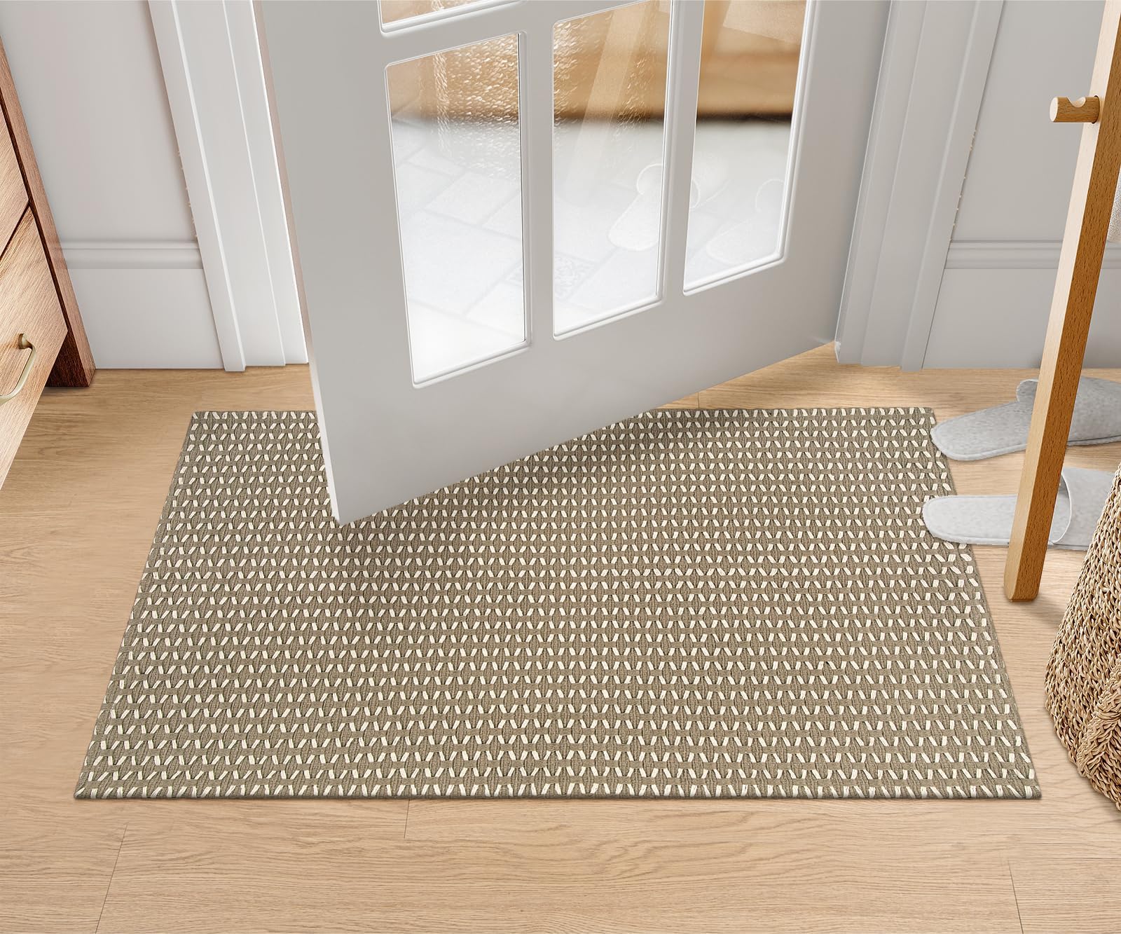 OJIA Washable Indoor Door Mats for Entryway 2'x3', Cotton Woven Tan Front Door Mat Indoor Entrance, Small Entry Rugs Farmhouse Kitchen Rug, Rustic