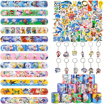 74pcs Soni Party bag Fillers, 50pcs Stickers, 12pcs Slap Bands, 12 Keychain, Party Bags Supplies for Kids Boys Girls