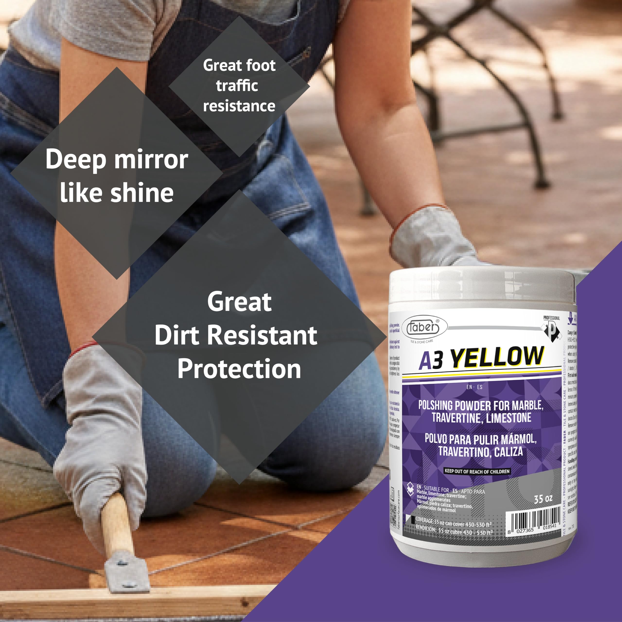 Faber - A3 Yellow 1 kg. - Poudre de polissage humide pour le polissage à effet vitrifié de tous les matériaux calcaires tels que le marbre, le calcaire, le travertin et les agglomérés à base de