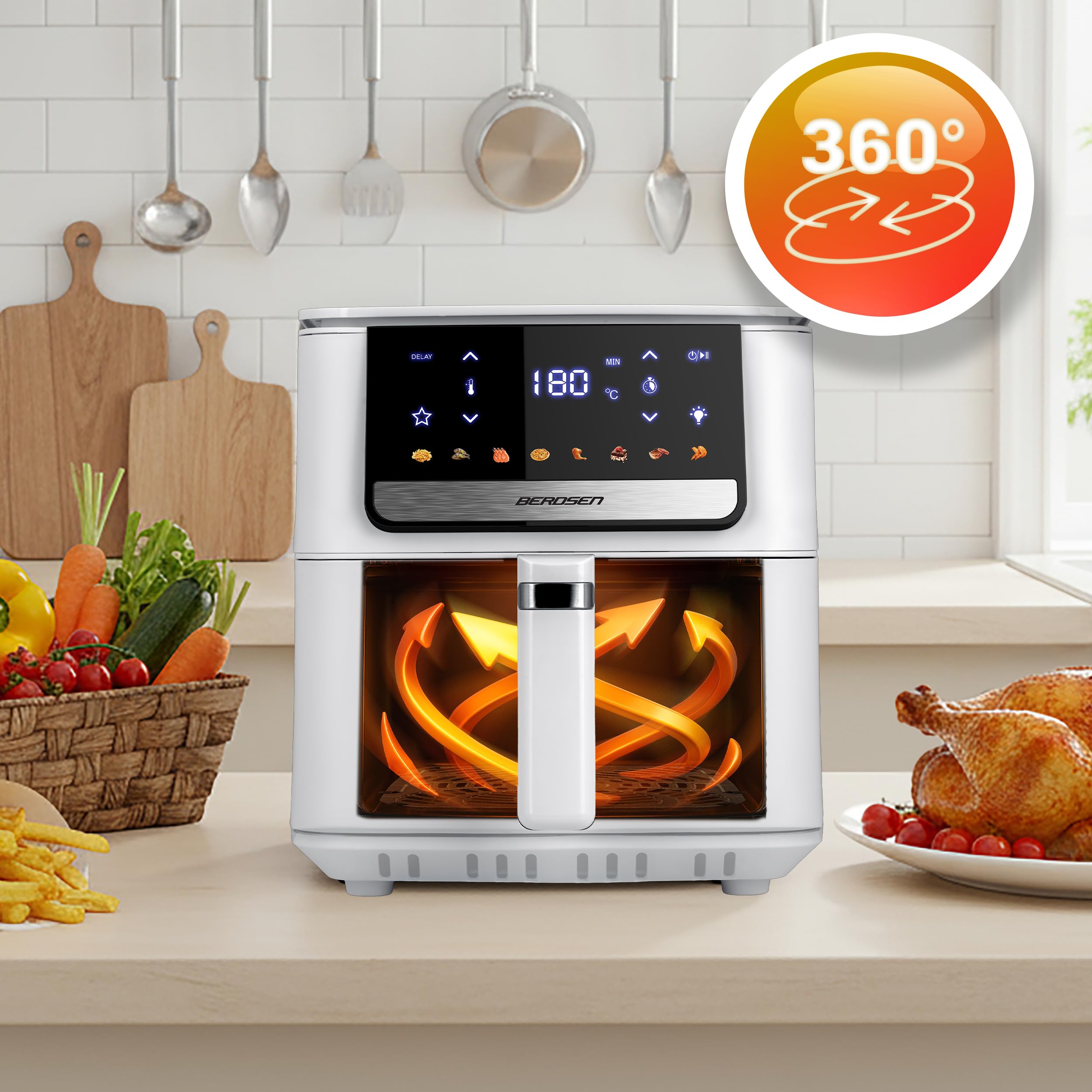 Berdsen Airfryer Freidora de Aire Caliente - 1700 W 6,5 L - Freidora - 8 Programas Pantalla Táctil - Blanco