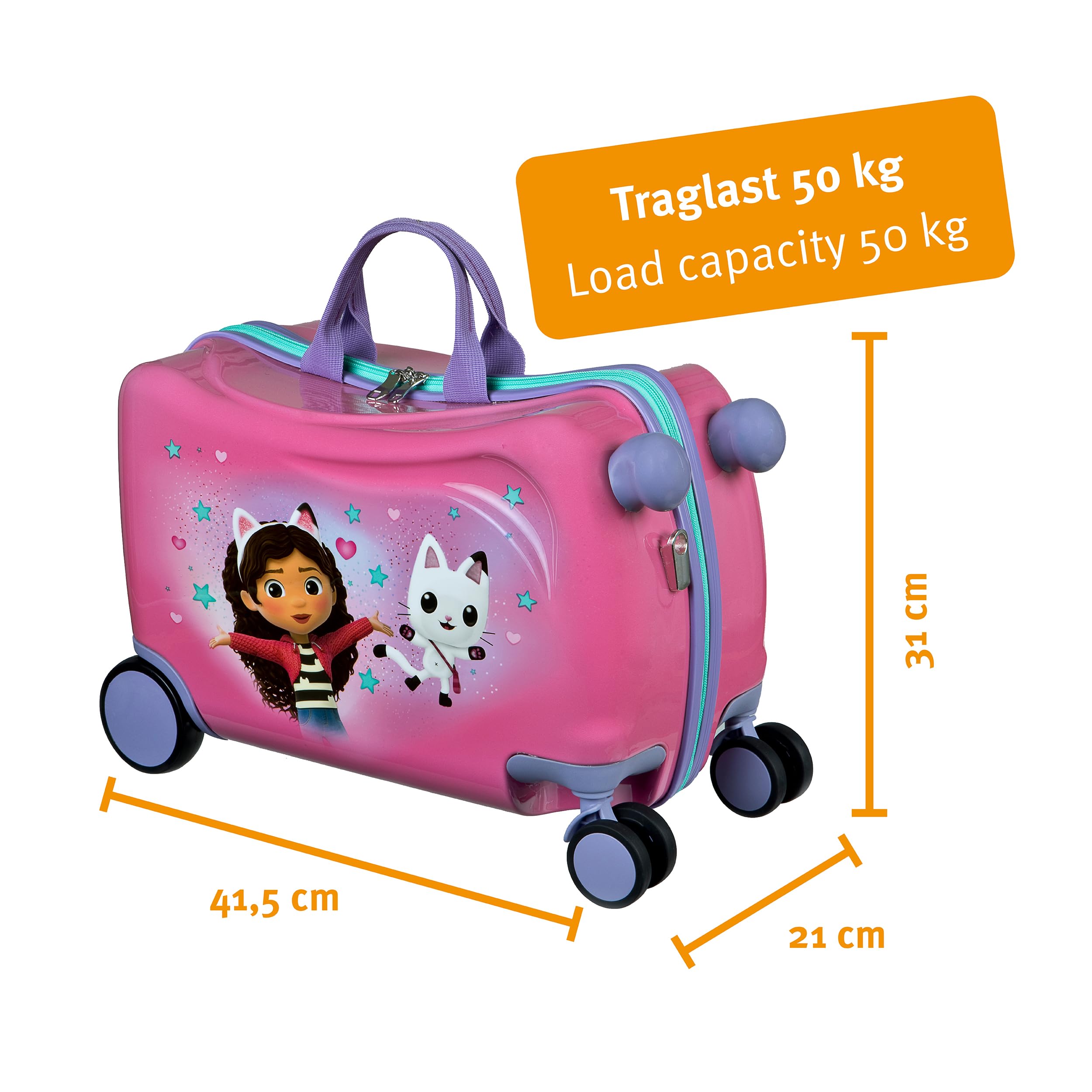 Undercover - Gabby's Dollhouse Ride-on Trolley – bagaż dziecięcy do siedzenia na górze, obciążenie do 50 kg, z praktycznymi uchwytami do noszenia, stabilna walizka podróżna, Rosa, Walizka z twardą