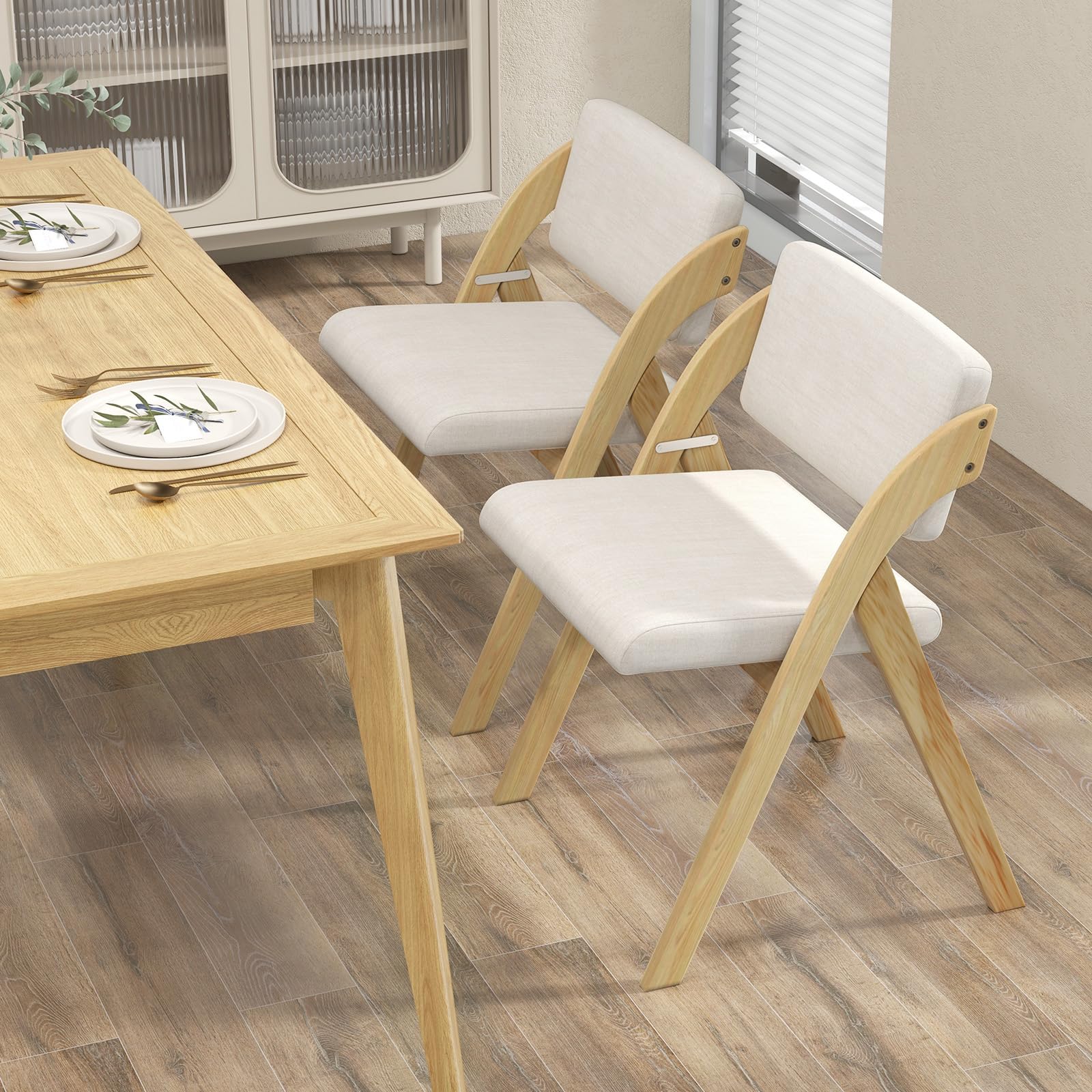 HOMASIS Set di 2 Sedie Pieghevoli da Sala da Pranzo, Poltrona da Salotto con Seduta e Schienale Imbottiti, Sedia da Cucina con Gambe in Legno Massello per Ufficio, 56 x 53 x 76 cm (Naturale)