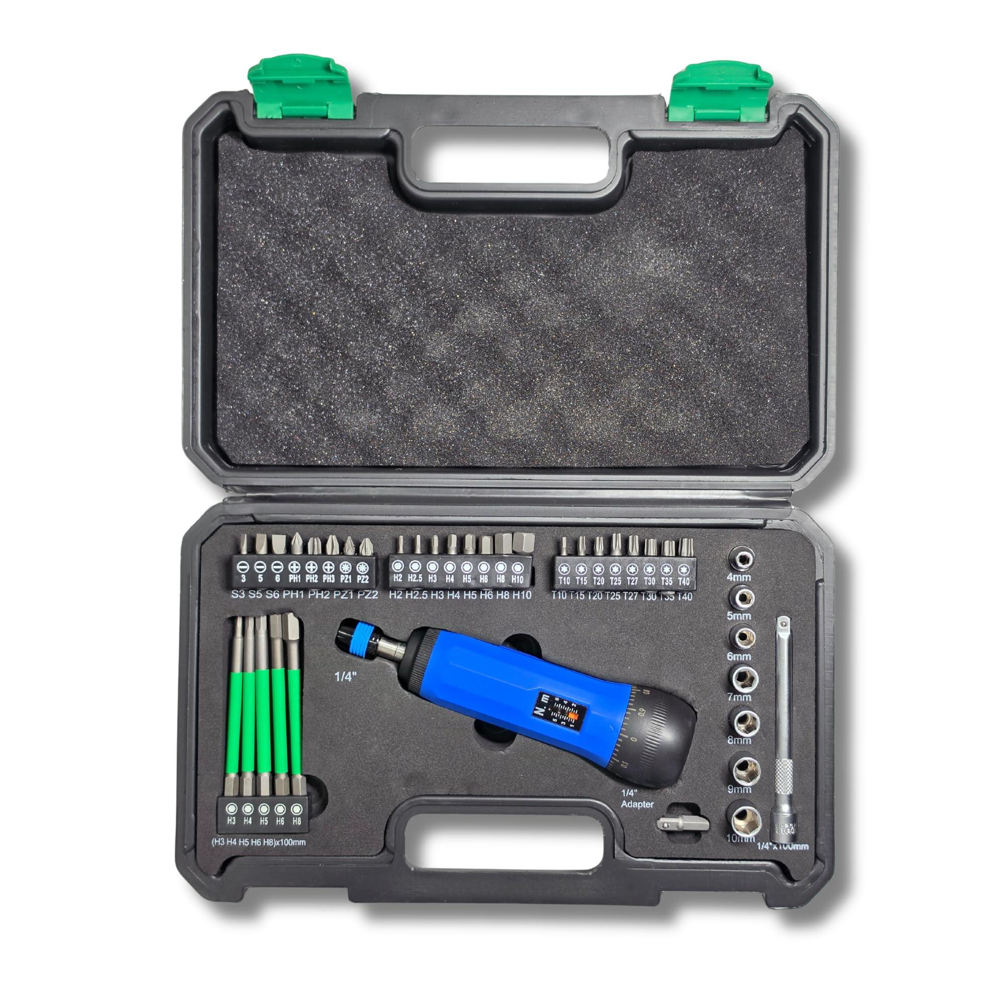 Destornillador Dinamométrico 1-6 Nm Ajustable 1/4” 40 Piezas con Puntas Phillips Torx Allen y Vasos 1–6 Nm