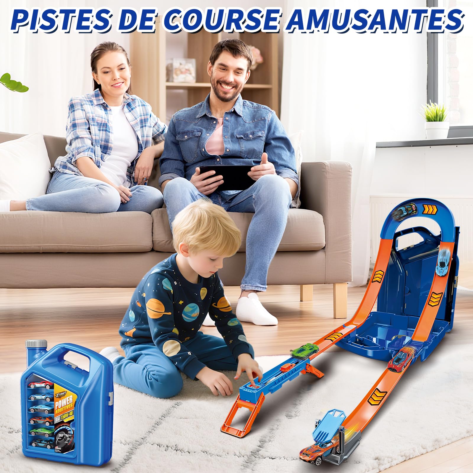 Charmofun Piste de Course 2 en1, Circuit Voiture Enfant avec 6 Voitures, Bboîte Rangement, Piste de Voiture avec Looping et U Track, Portable Jouet Circuit Voiture pour Enfants 3+ Ans (Bleu)