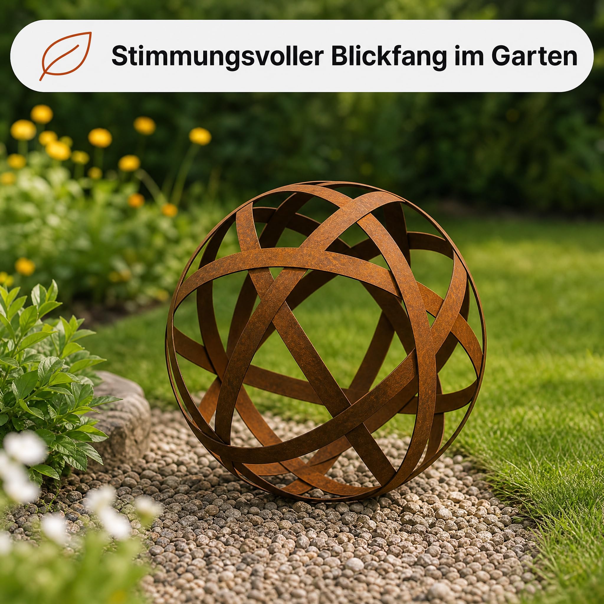 Gartendeko für draußen wetterfest – Rostdeko Kugel aus Metall in Edelrostoptik, offenes Streifen-Design, Ø 30 cm, Gartenkugel für Garten, Terrasse & Balkon