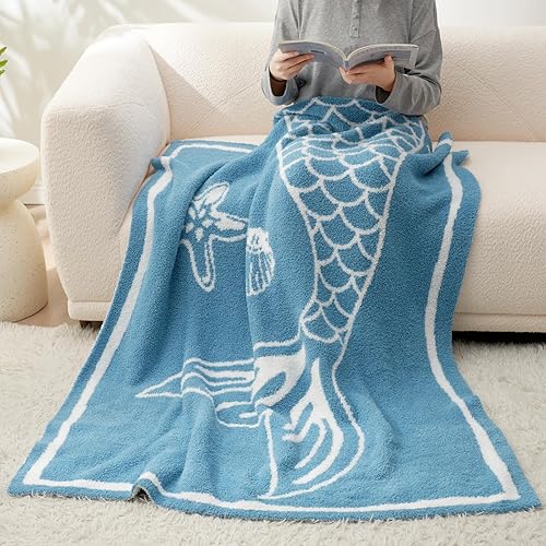 Miniatura 4 de Snuggle Sac Manta de punto de cola de sirena, cálida y suave manta de punto de microfibra esponjosa, regalo para niños y niñas, La Sirenita manta de