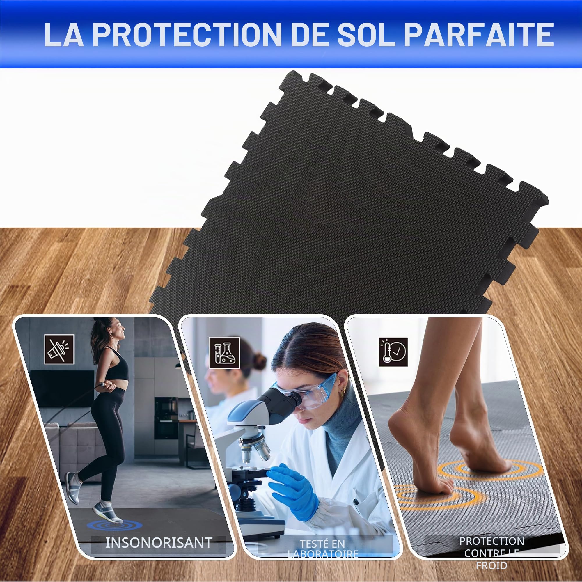 Tapis de Sport 2,5cm Épais EVA Antidérapant + Bordures & Ruban Transparent – Puzzle Protection Sol Home Gym, Garage, Salle de Jeux – Noir – 12 Pièces – 4,32 m²
