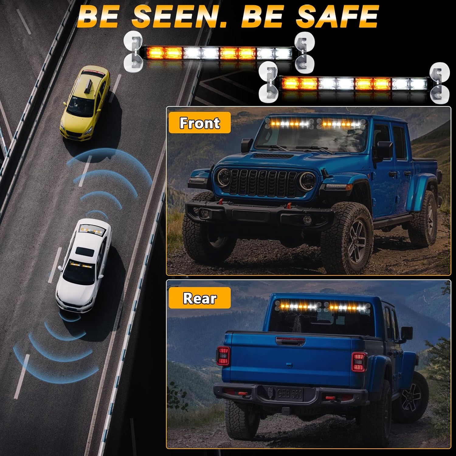 LED Emergency Strobe Light Bar, 2 in 1 Amber/White Traffic Advisor Dash Lights Bar for Trucks, Plow, Tow and Construction Vehicles Warning Safety Flashing Lights (2x16.8 inch)