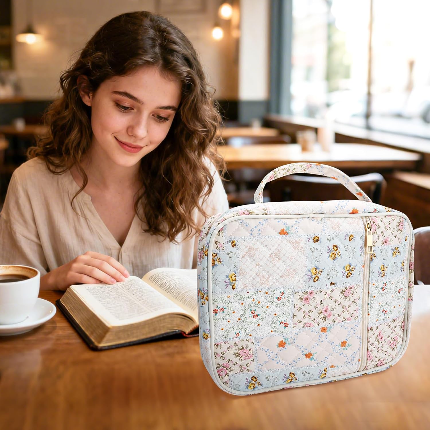 Zkptops Bible Cover Case for Women Girls Large Bible Bag Cotton Quilted Floral Bible Carrying Case with Zipper Pocket and Handle Christian Carrying Book Cover for Christian Study Supplies Accessories - Image 7