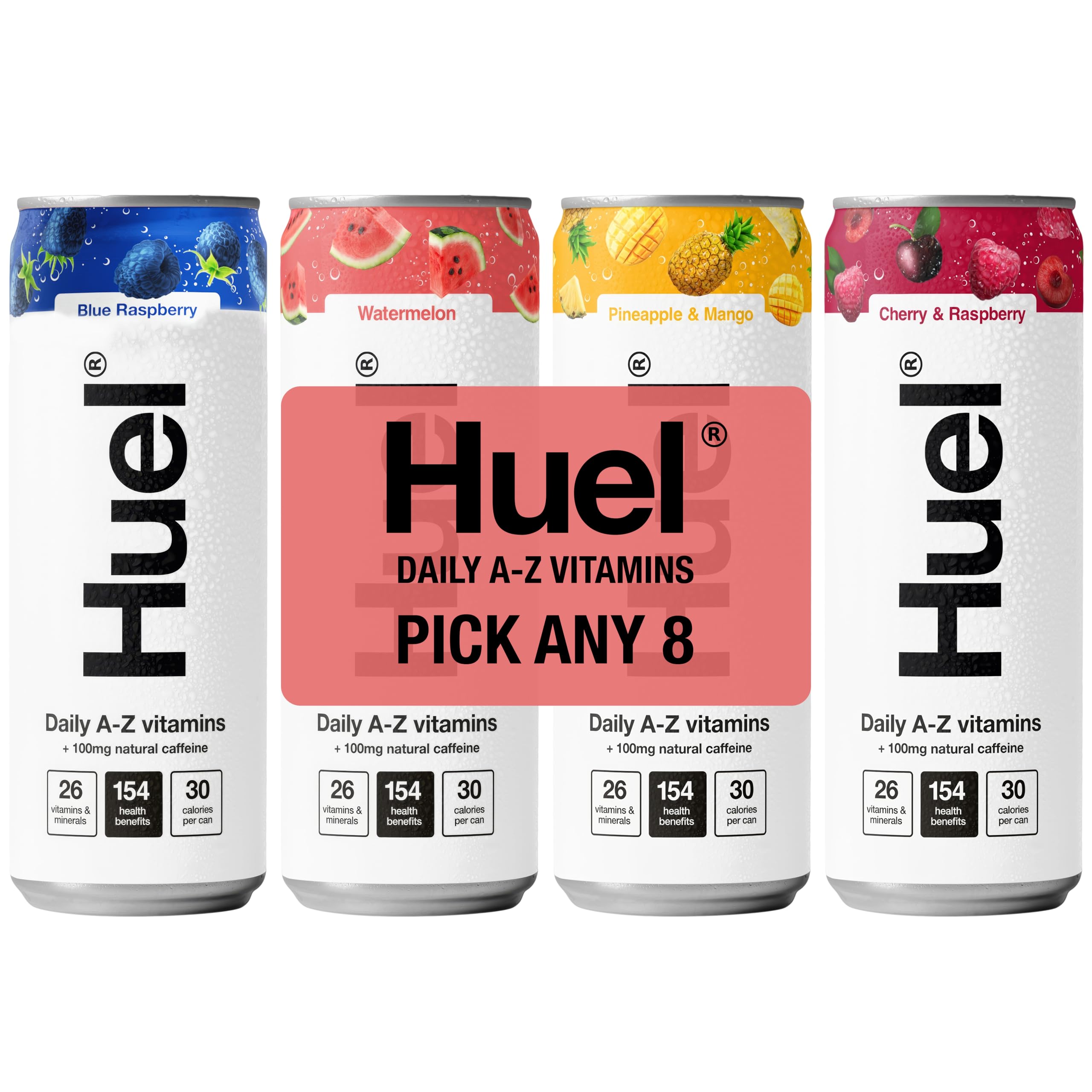 HuelDaily A-Z Vitamins Energy Drink, Pick any 8 x 330ml Cans, Choose from Blue Raspberry, Cherry & Raspberry, Pineapple & Mango, Watermelon, Low Calorie, Caffeine Boost