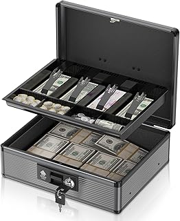 Locking Cash Box with Money Tray and Key, Secure Money Safe Box for Cash, Portable Money Box with 2 Storage Spaces, Money Saving Organizer(Black, Extra Large)