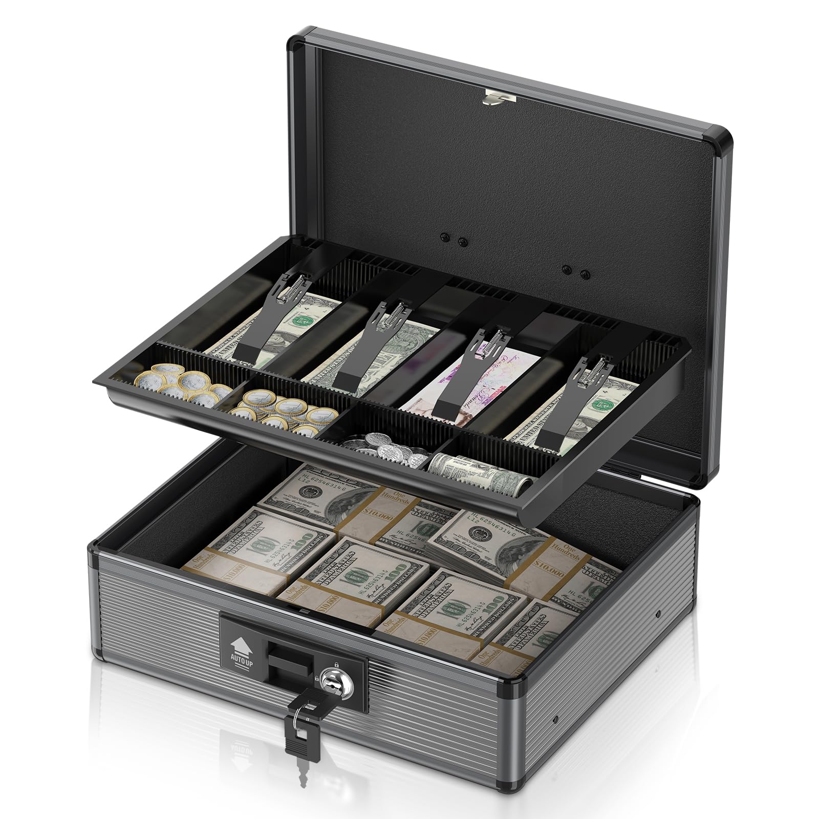 Lockbako Locking Cash Box with Money Tray and Key, Secure Money Safe Box for Cash, Portable Money Box with 2 Storage Spaces and Removeable Storage Bag, Money Saving Organizer 29 * 13.5 * 34.3