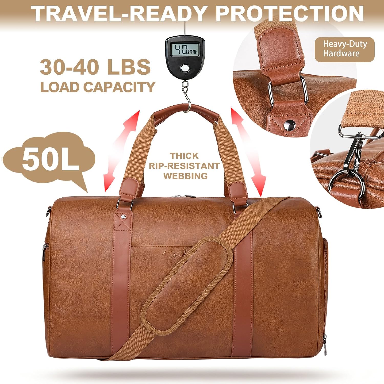 3-in-1 Leather Duffle Bag for Travel with Toiletry Bag and Shoe Compartment, Weekender Overnight Gym Bag for Men Women, Carry On Bag Fits 21 Inch Laptop - Image 3