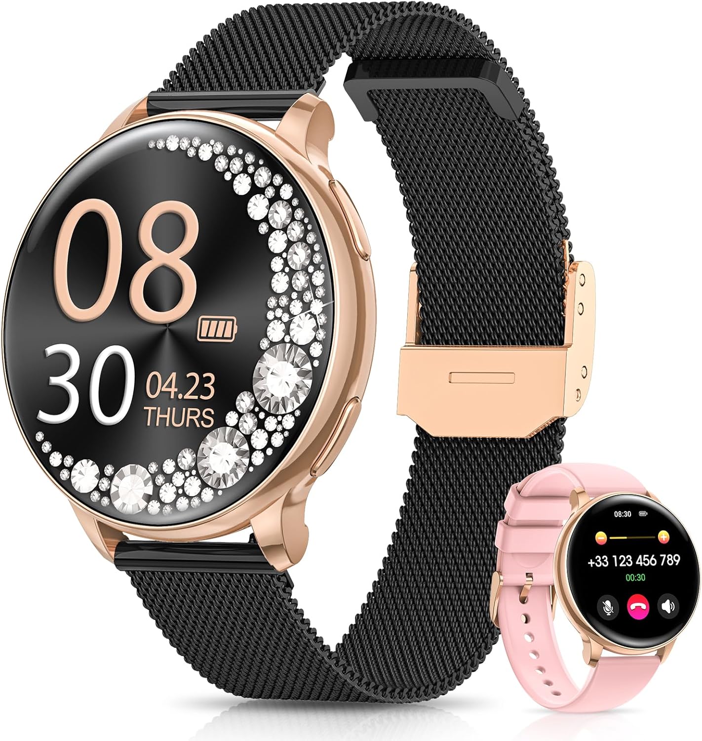RUXINGX Women's Smartwatch 1.27 Inch Smart Watch Round with Phone Function, 24H SpO2 Heart Rate Monitor Fitness Watch with Sleep Monitor, 126 Sports Modes Pedometer IP68 iOS Android Gift Watches Women Black Rose Gold – RUXINGX product photo