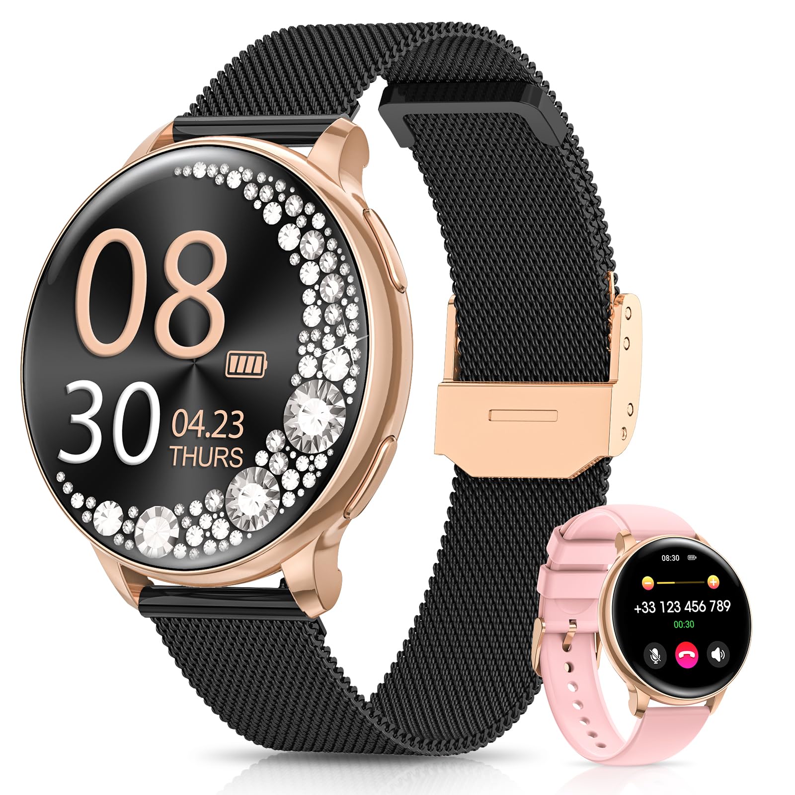 RUXINGX Reloj Inteligente Mujer, 1,27" Pantalla Táctil Smartwatch Llamadas, Función Femenina Pulsómetro SpO2 Sueño, 126 Deportes, 220 Esferas Podómetro IP68 Resistente Agua Android iOS Caja Regalo Oro