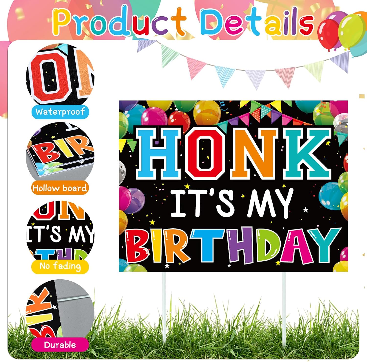 Thyle 4 Sets Double Sided Honk It's My Birthday Yard Sign 12" x 15.75" Birthday Yard Signs with Stakes Colorful Weatherproof Lawn Sign for Outdoor Garden Decoration Celebration Party