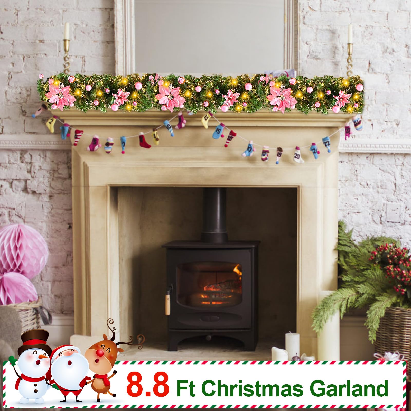 Weihnachtsgirlande, 2,7 m Weihnachts-Rattan, künstliche Blumenranken, Pflanzen, Innen- und Außenbereich, Garten, Kamin, Treppe, Tür, Weihnachtsgirlanden, Dekorationen, batteriebetrieben