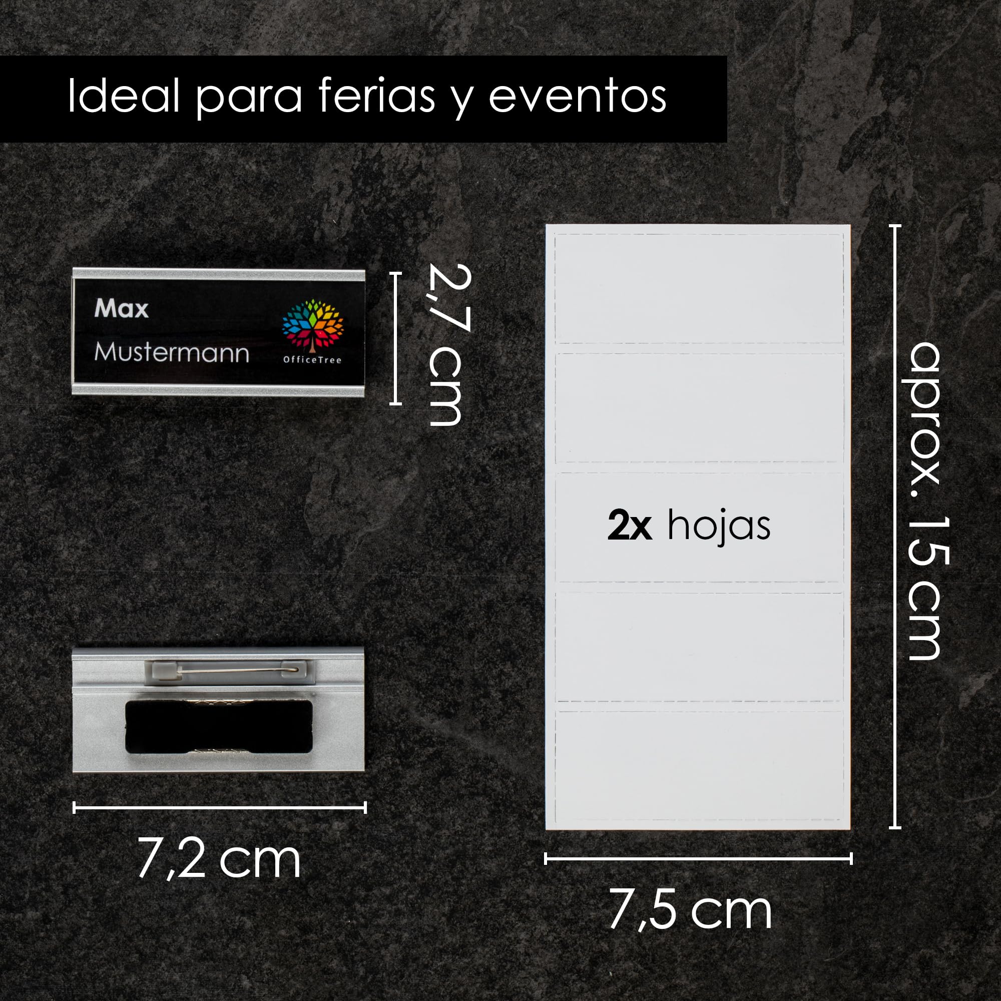 OfficeTree 10 x Placas Identificativas Personal de Aluminio con Pasador y Imán - Chapa Identificativa Trabajo - Placa Identificativa Personal - Identificadores Personales para Ferias y Seminarios