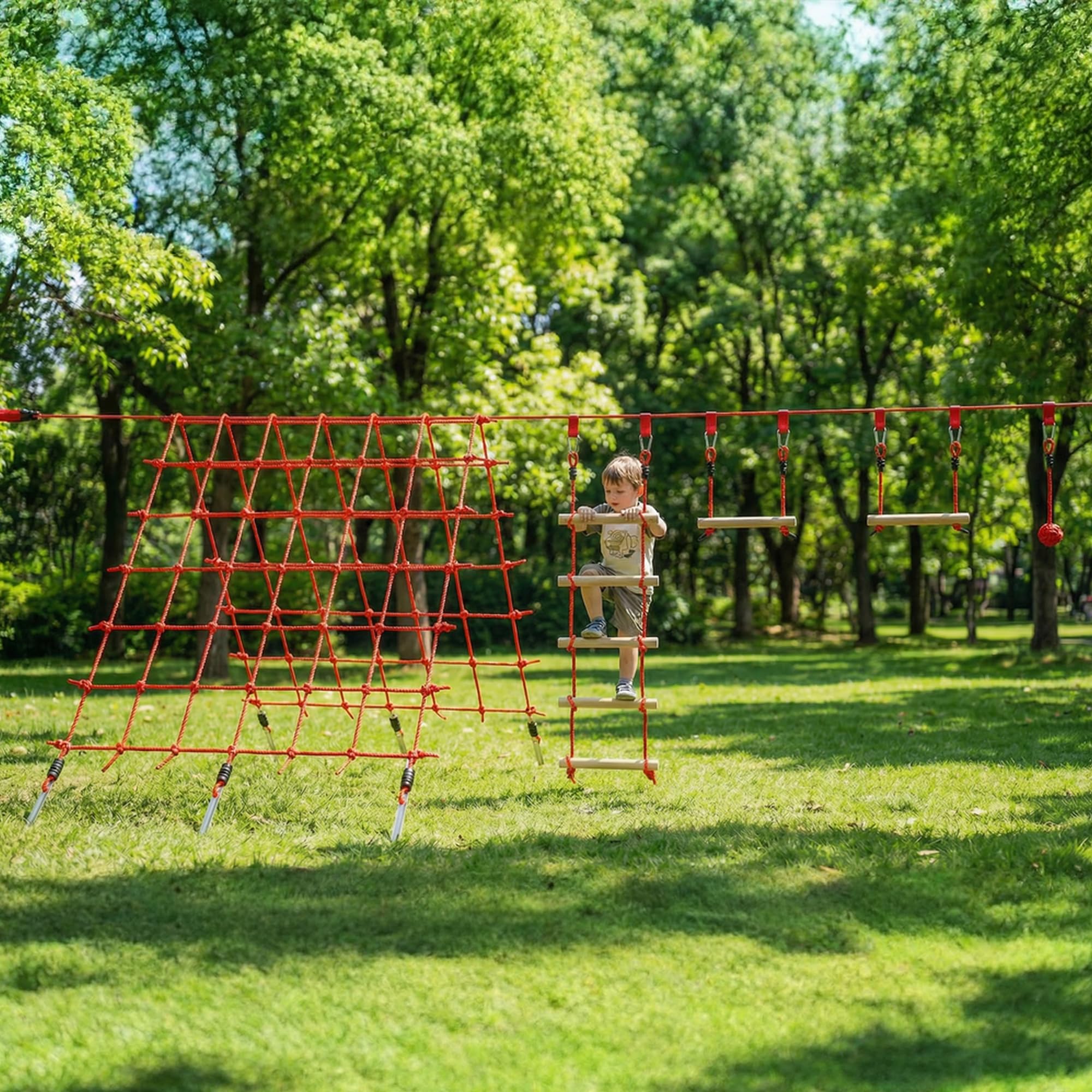 AIYAPLAY Ninja Line Kinder 10m Slackline Set mit Slackline, Turnringe, Schaukel, Kletterleiter, Kletternetz, Kletterseil, Reckstange, Outdoor Spielset Ausrüstung für 3-6 Jahre Kinder Rot