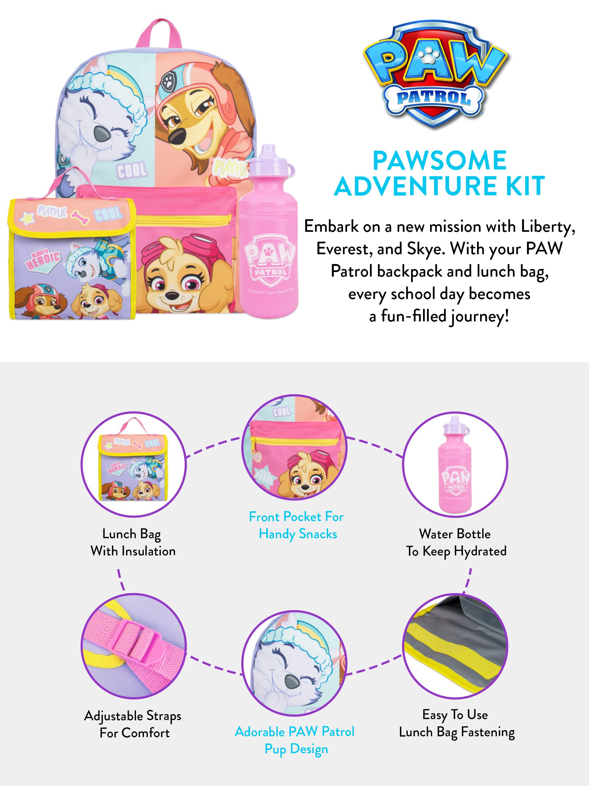 Paw Patrol Sac à Dos Sac à Dos pour Fille Everest, Liberty et Skye | Cartable Fille | Sac pour Enfants| Violette Taille Unique