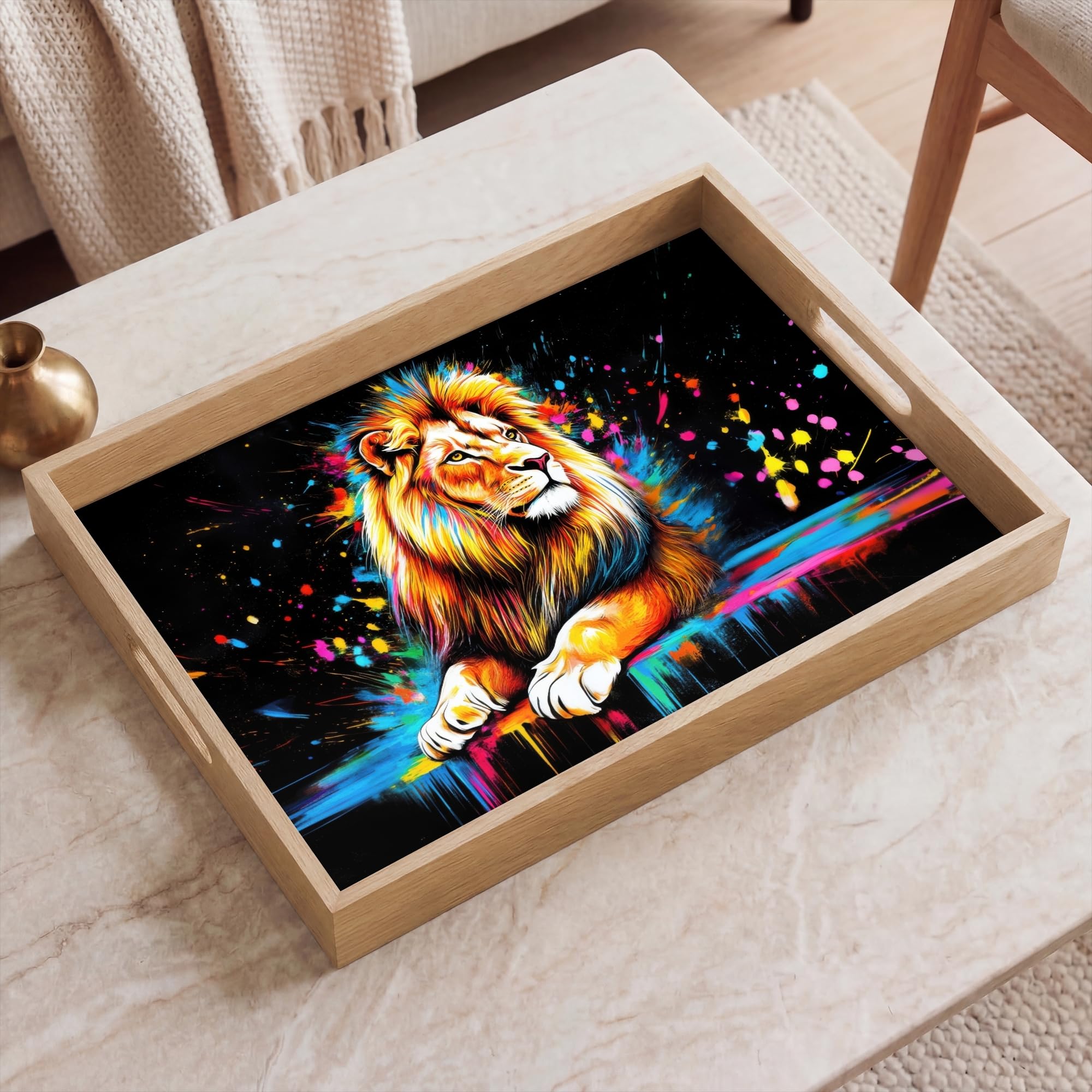 Holztablett Rechteckig 50x35 cm Küchentablett Servier Tablett Eiche Serviertablett Holz Servierplatte Mit Henkel Tray Kaffeetablett Löwe - Bunt - Spritzer