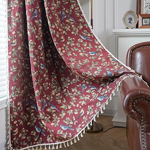 ENJOYBRIDAL Floral 63 Inch Curtains for Living Room Maroon Drapes Bird Pattern Jacquard Short Window Curtain Panels Rod Pocket Bedroom Farmhouse Boho Tassel Semi Blackout 2 Panels Window Treatments