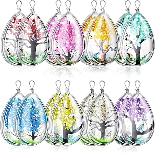 16 dijes colgantes de árbol de flores secas para hacer joyas, encajes, cuentas de resina de árbol de flores transparentes, colgantes de gota de