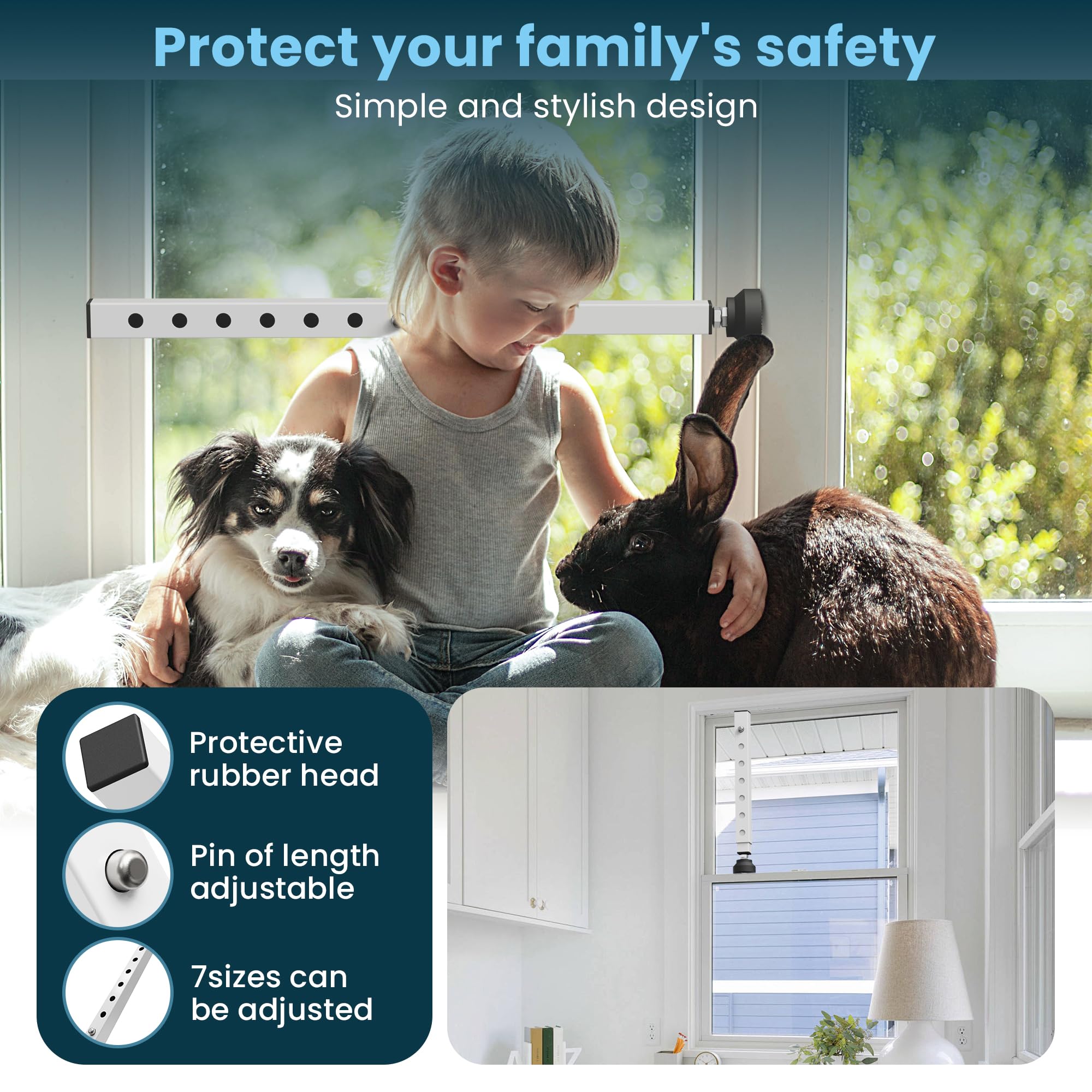 Paquete de 2 barras de seguridad ajustables para ventana, barra de bloqueo de seguridad para ventana con base de goma, tope deslizante para seguridad infantil, antirrobo/ventana vertical y