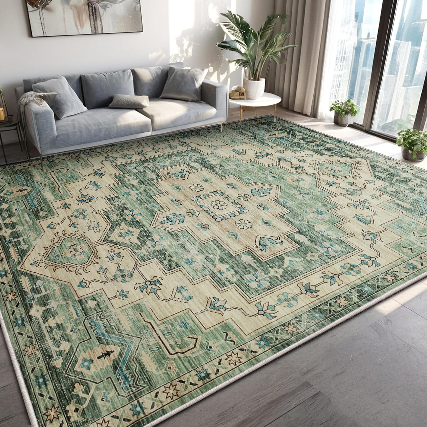 MOONLIGHT20015 Washable Rugs Living Room Large 240x320 cm - Fluffy Vintage Area Rugs for Bedroom - Non Slip Low Pile Soft Boho Rug Carpets for Lounge - Traditional Rug for Dining Room, Ember