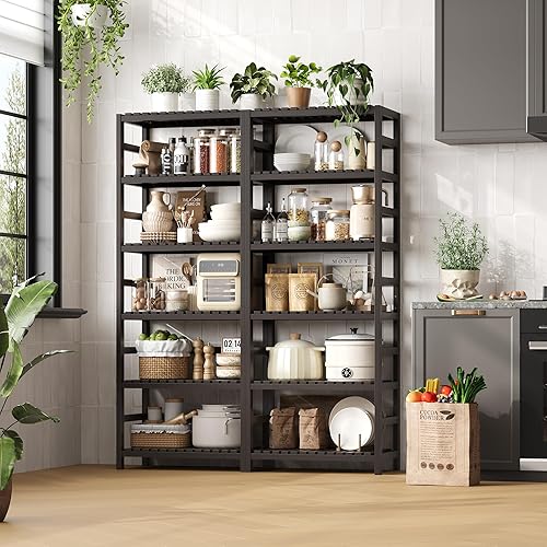 Miniatura 4 de FOTOSOK Juego de 2 estantes de bambú de 6 niveles, estantería de bambú con estantes ajustables, estante de almacenamiento independiente y soporte de