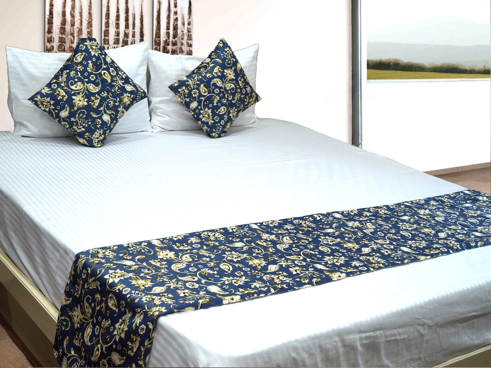 Vissage Contemporary Print Double Bed Runner Set with 2 Cushion Covers, Dark Blue-image-5