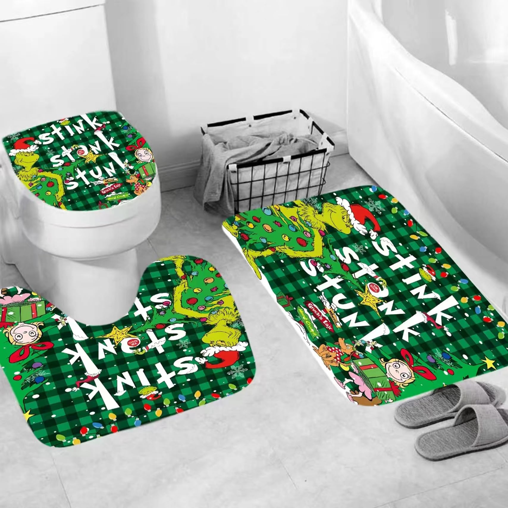 Juego de 4 cortinas de ducha navideñas con alfombras antideslizantes, cubierta para tapa de inodoro y tapete de baño antideslizante en forma de U, decoración de baño de Navidad con 12 ganchos 4