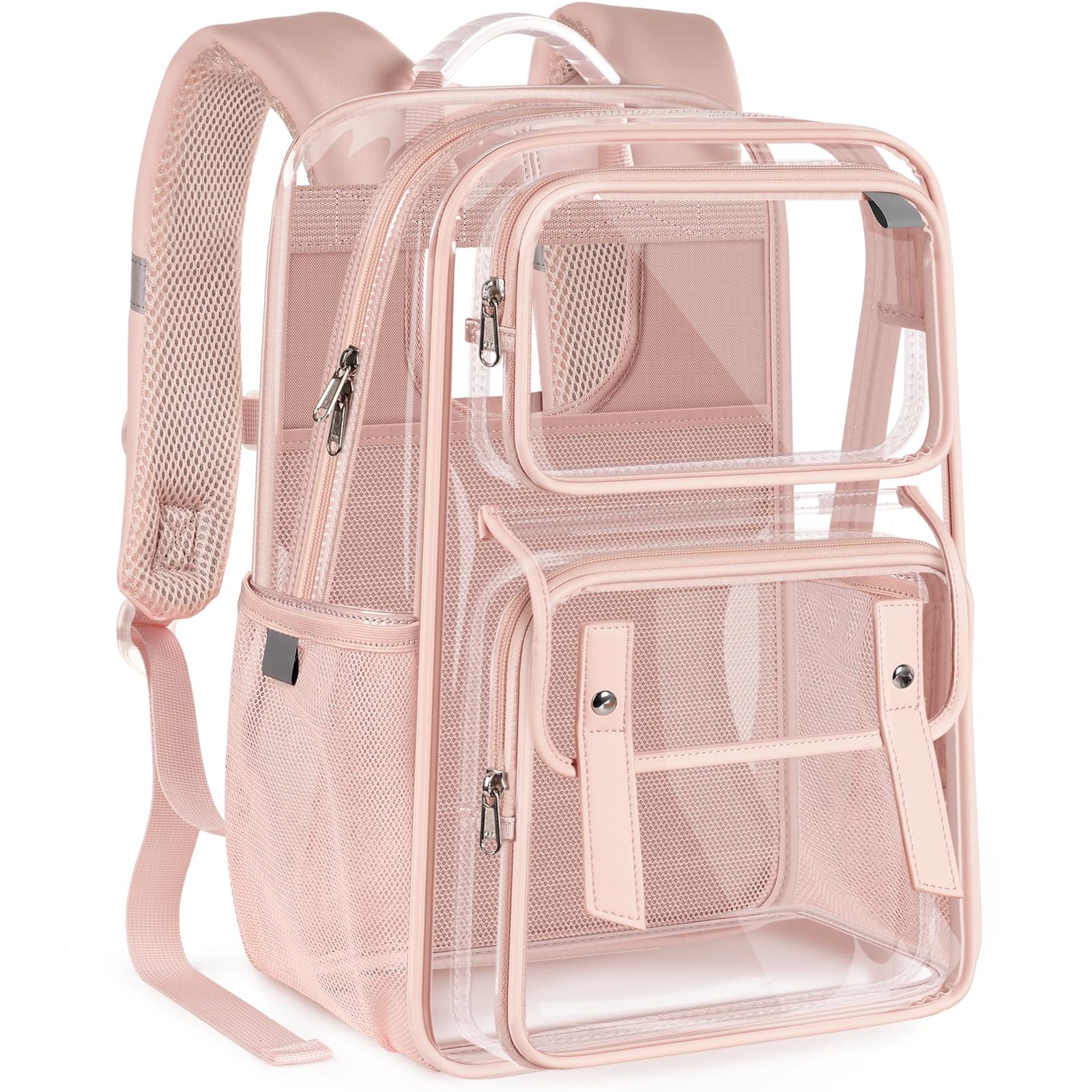 GEAMSAM Clear Backpack Heavy Duty, Transparent Bookbag with Reinforced Straps Multi-pockets PVC See Through Backpacks for College Work Travel - Pink