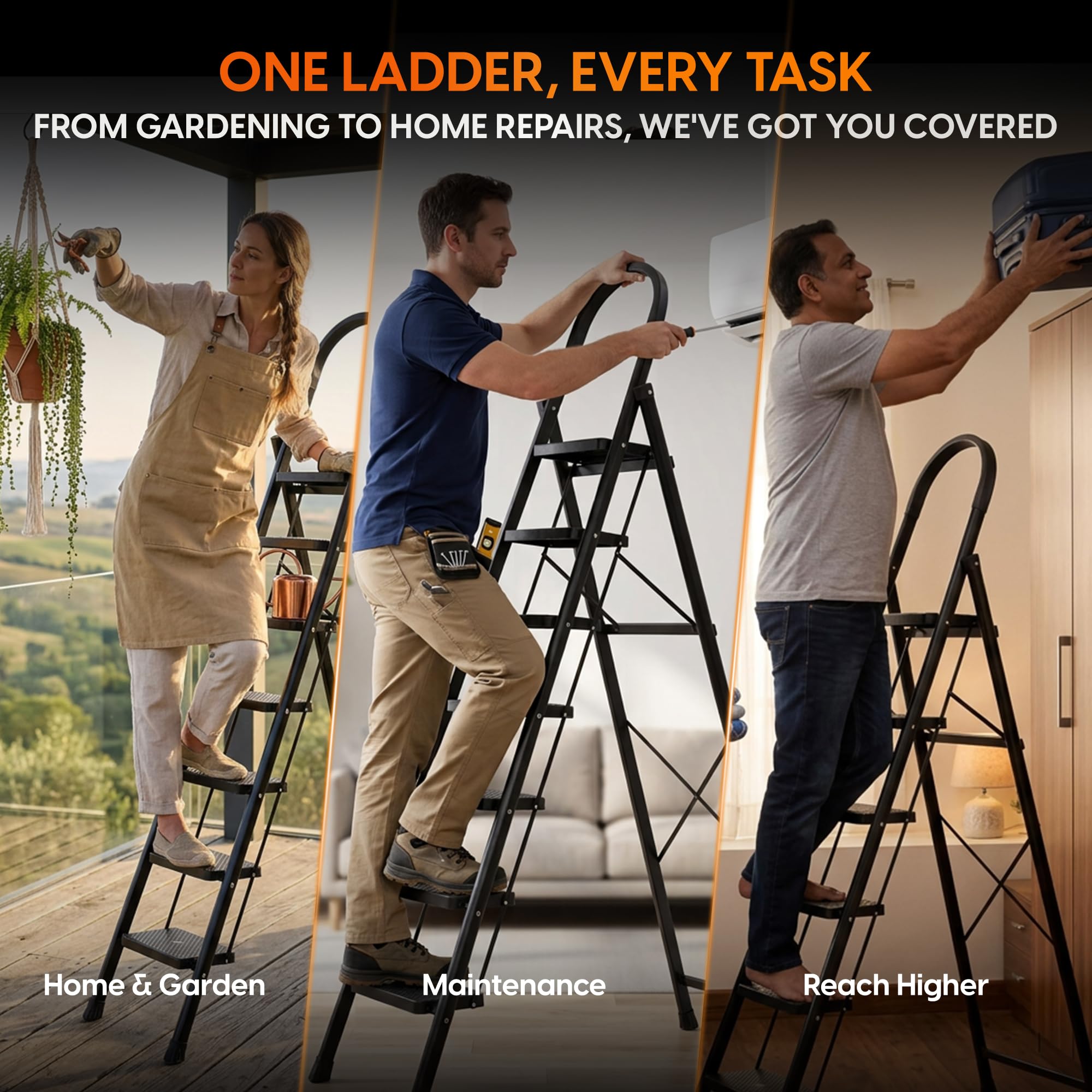 HOUZA Steel Ladder for Home 7 Steps Foldable with Anti-Skid Wide Steps (30cm x 20cm) | 7 Step Ladder for Home Use with D-Shape Rods | Secure Lock | 150 Kg Capacity Folding Ladder | 5 Year Warranty — Amazon image 6