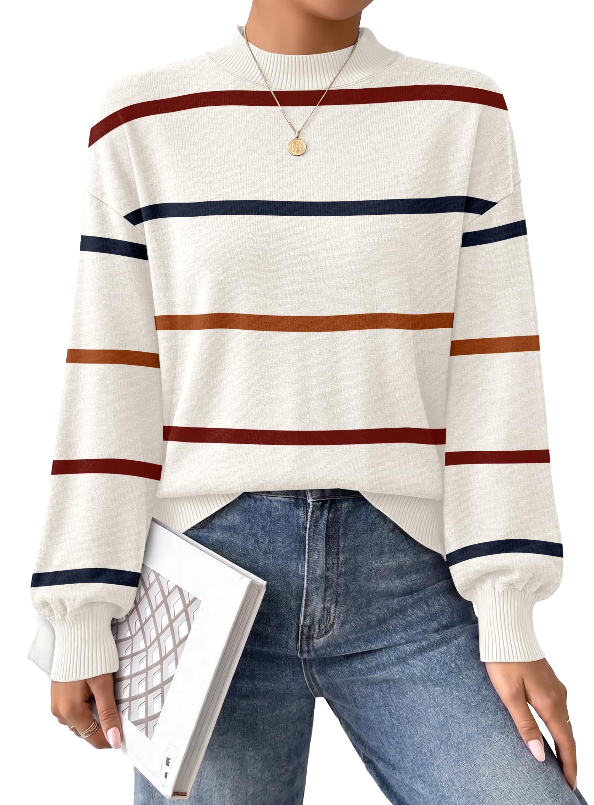 WIHOLL Womens Sweaters Mock Neck Lightweight Fall Tops Long Sleeve Shirts | Puff Sleeve,Pullover,Early Fall Fashion Clothing,Soft Knit Material,Business Casual,Vacation Outfits