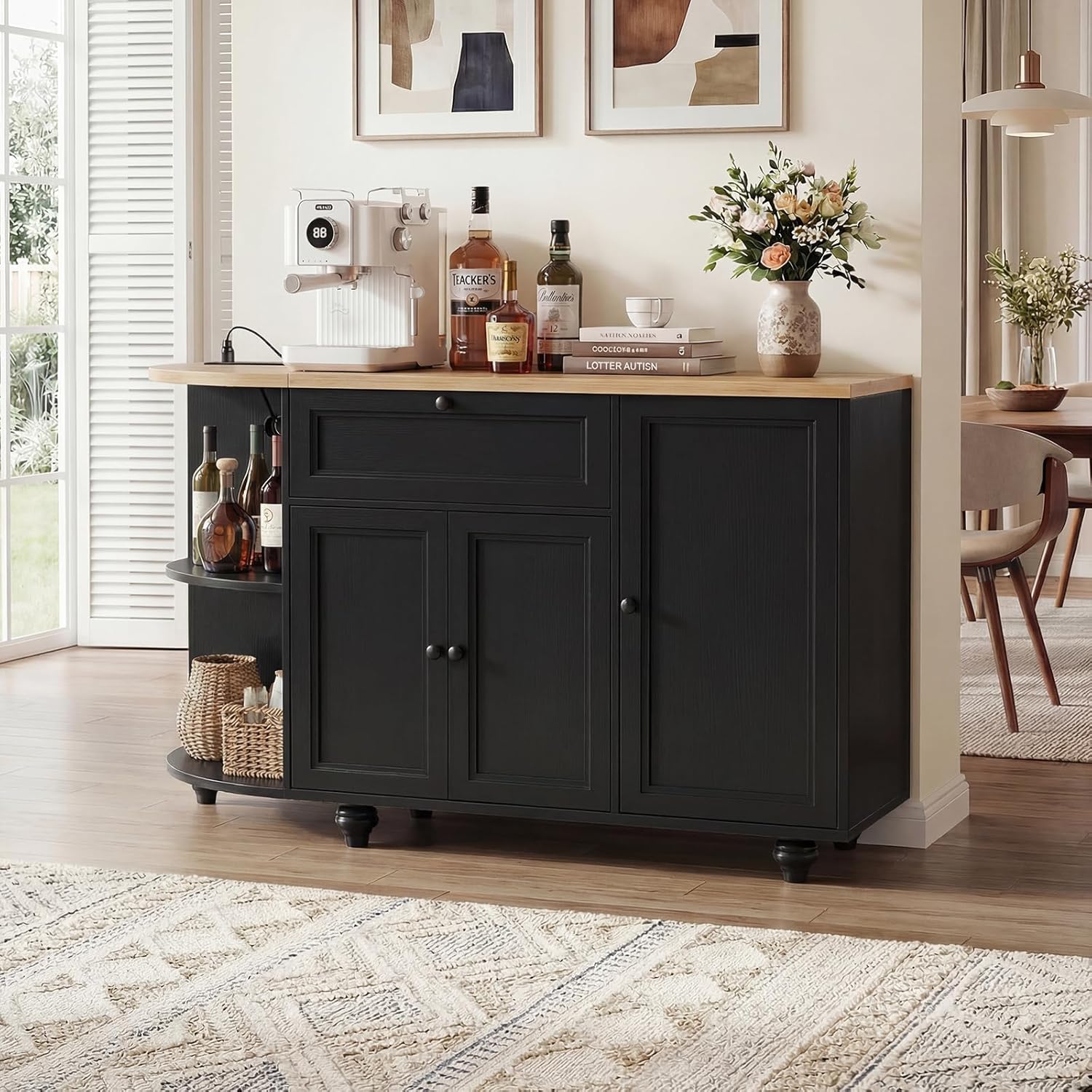 Unikito 55" Coffee Bar with Power Outlet, Wine Bar Cabinet with Wine Rack, Home Coffee Bar Cabinet, Buffet Sideboard with Storage Shelf for Kitchen, Dining Room, Living Room Black