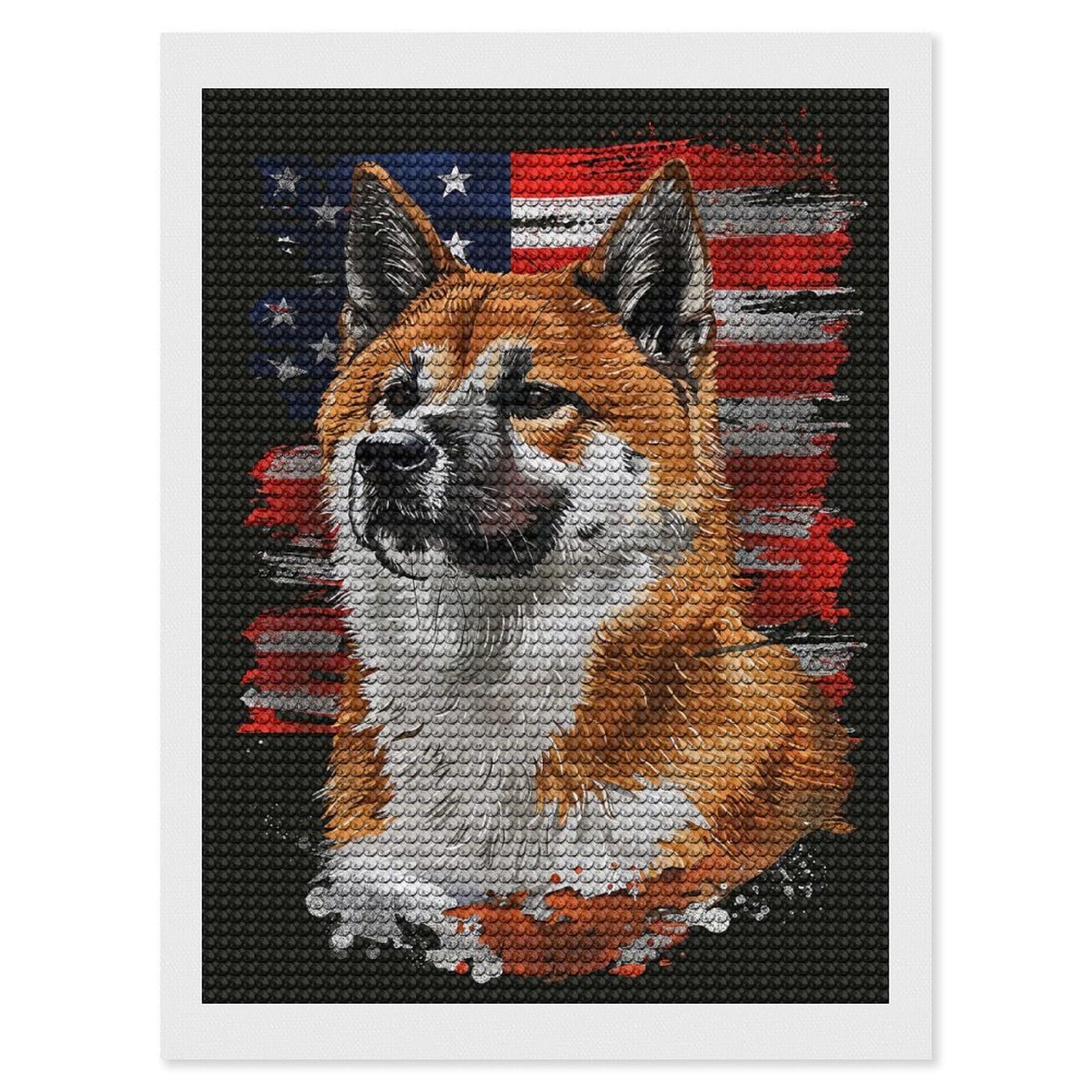 Junmoney Akita American Flag Diamond Art Kit 12"x16", for Beginners, Vintage Style Decor, Good for Quiet Evenings, Festive Craft Gift