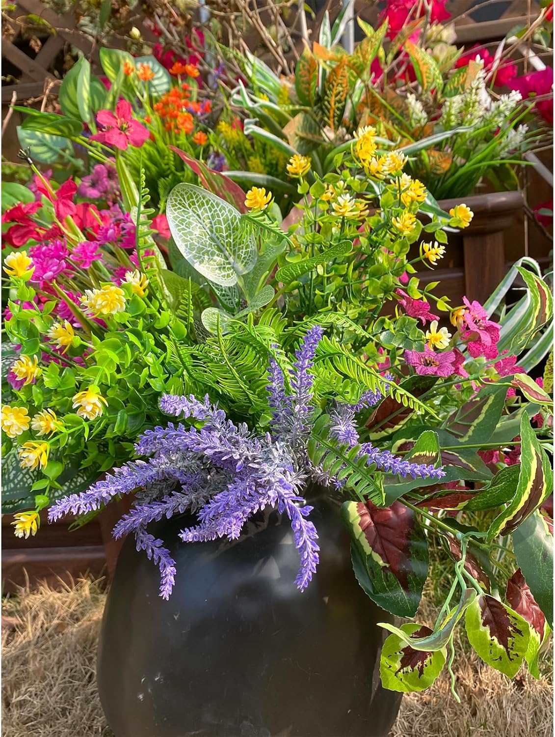 19 Bunches 14 Style Outdoor Artificial Plants UV Resistant Realistic Greenery Shrubs Ferns Lavender Flowers Bulk Faux Bushes Stems for Indoor Outside Hanging Front Garden Porch Patio Window Box Decor