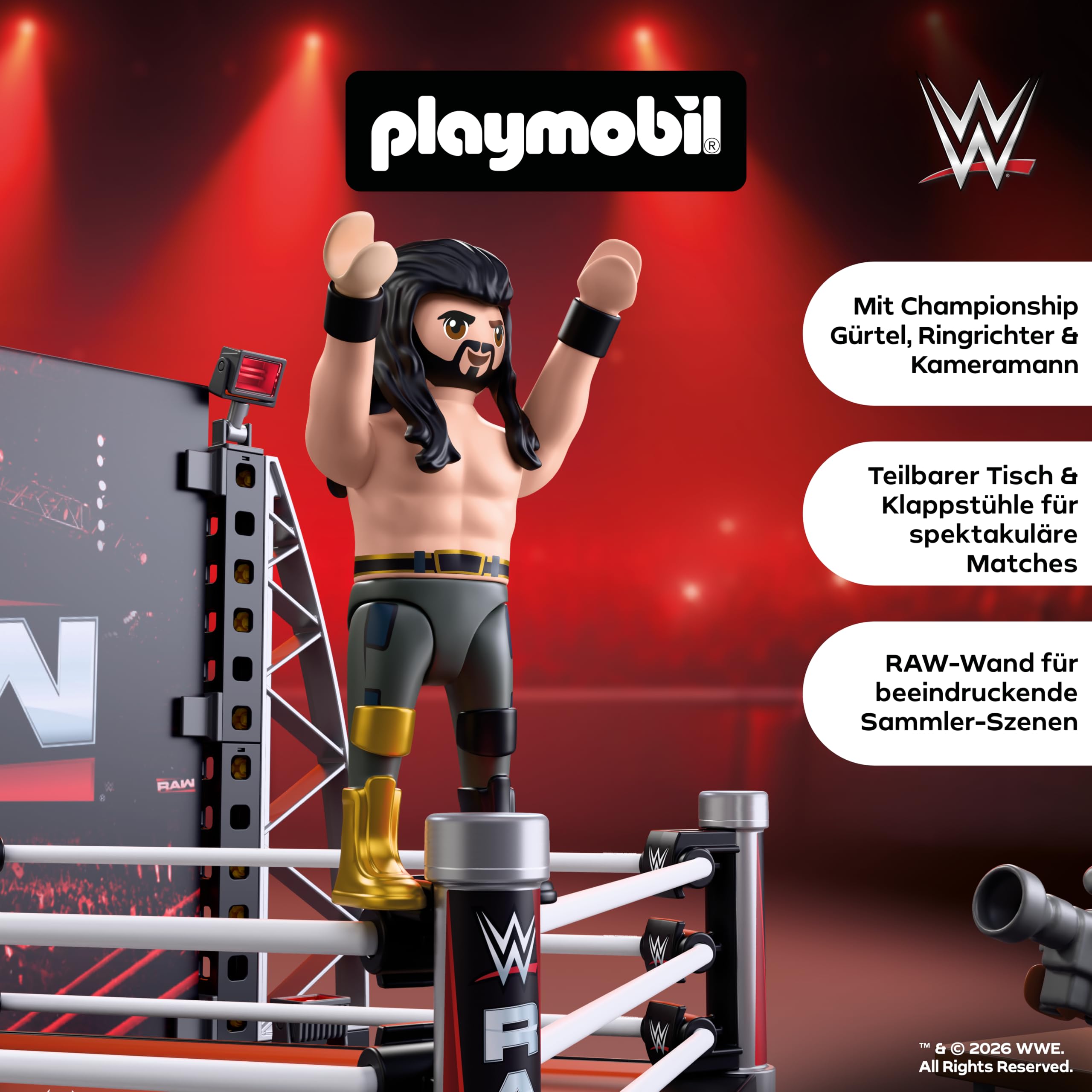 PLAYMOBIL | WWE® | RAW Ring Collectors Set | Wrestling‑Ring mit cm Punk, Seth Rollins, Ringrichter, Kameramann & Zubehör | Für Fans ab 5 Jahren | 71956